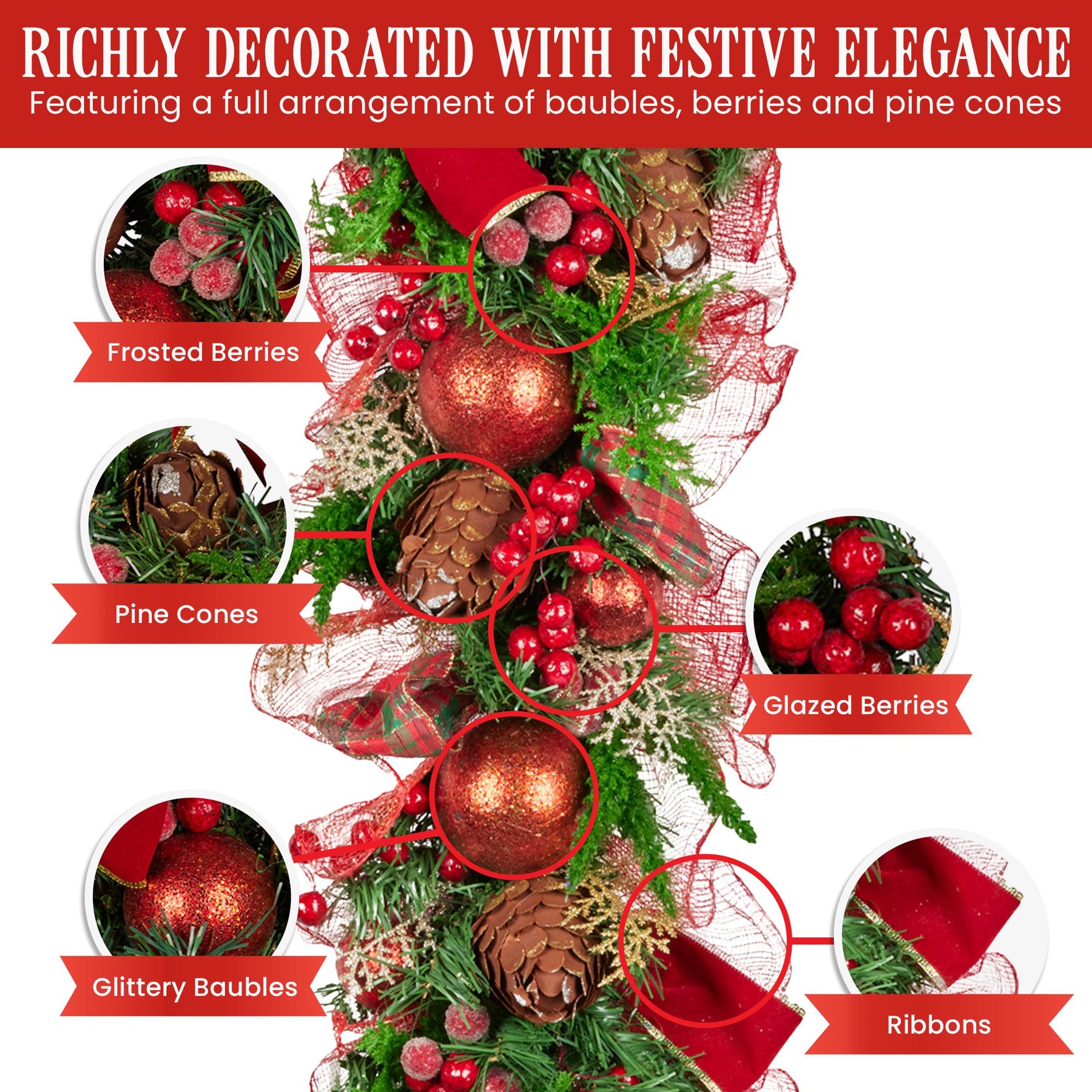 Christabelle 1m Christmas Garland with Red Berries & Pine Cones Baubles Berries Tree Decoration Ornament Red Green - SuperSaverAU - view 3