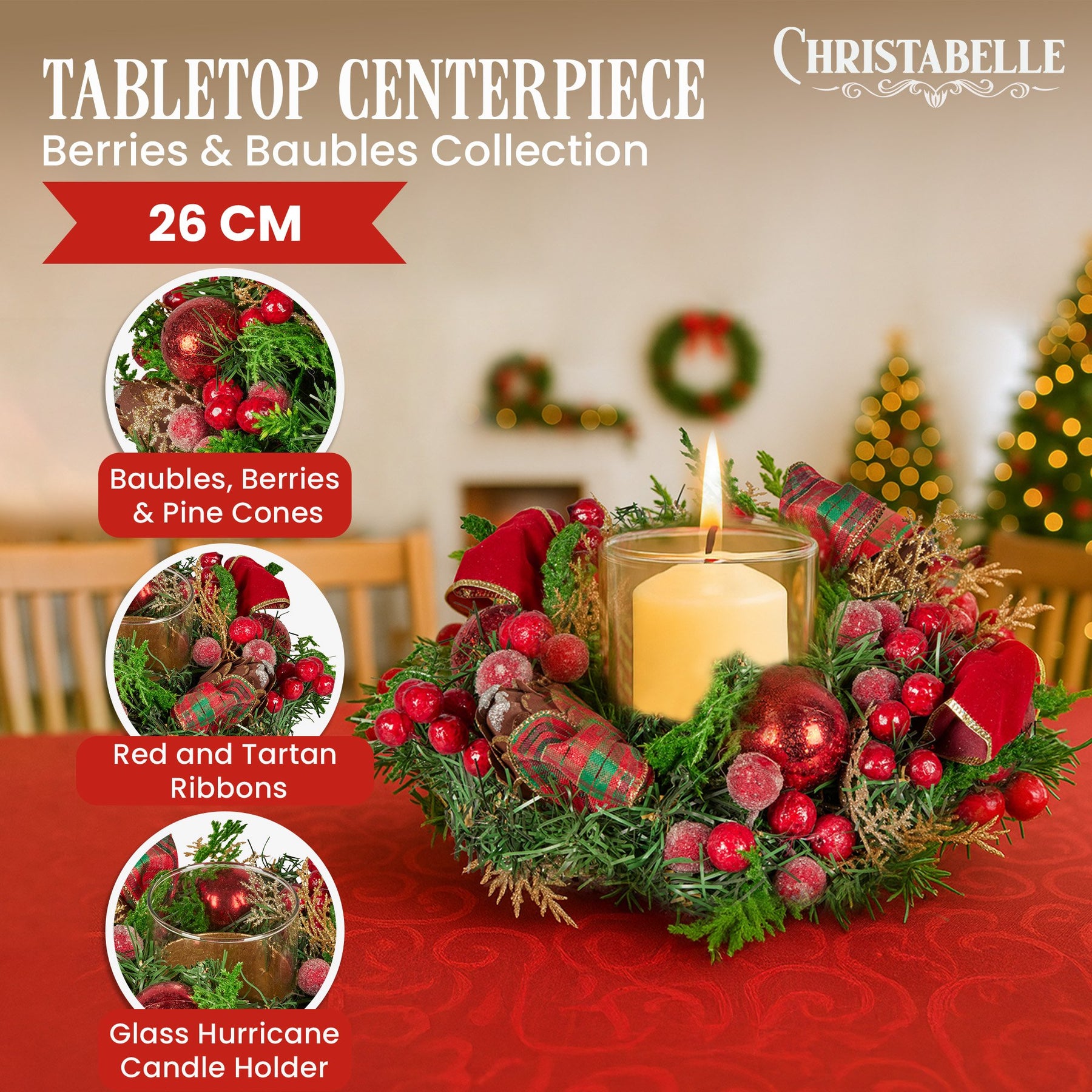 Christabelle 26cm Christmas Centrepiece Lush Green Holiday Display w/Red Berries & Hurricane Candle Holder Pre-decorated for Dining Table Console - SuperSaverAU - view 1