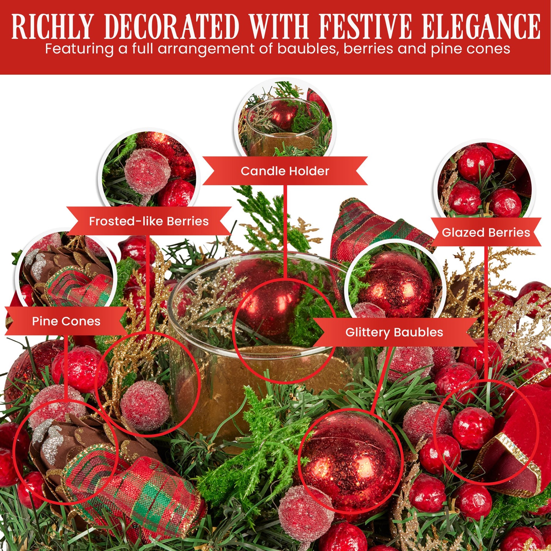 Christabelle 26cm Christmas Centrepiece Lush Green Holiday Display w/Red Berries & Hurricane Candle Holder Pre-decorated for Dining Table Console - SuperSaverAU - view 3