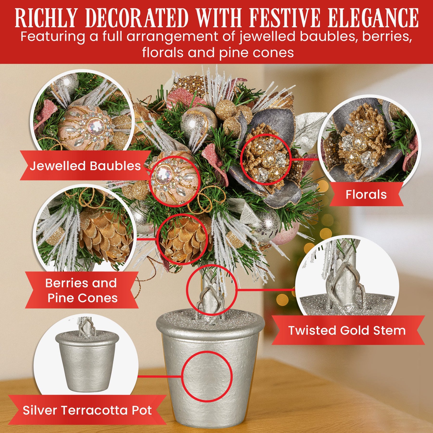 Christabelle 36cm Christmas Tabletop Topiary Tree Jewelled Baubles, Berries, Flowers and Pine Cones Festive Decoration - SuperSaverAU - view 4