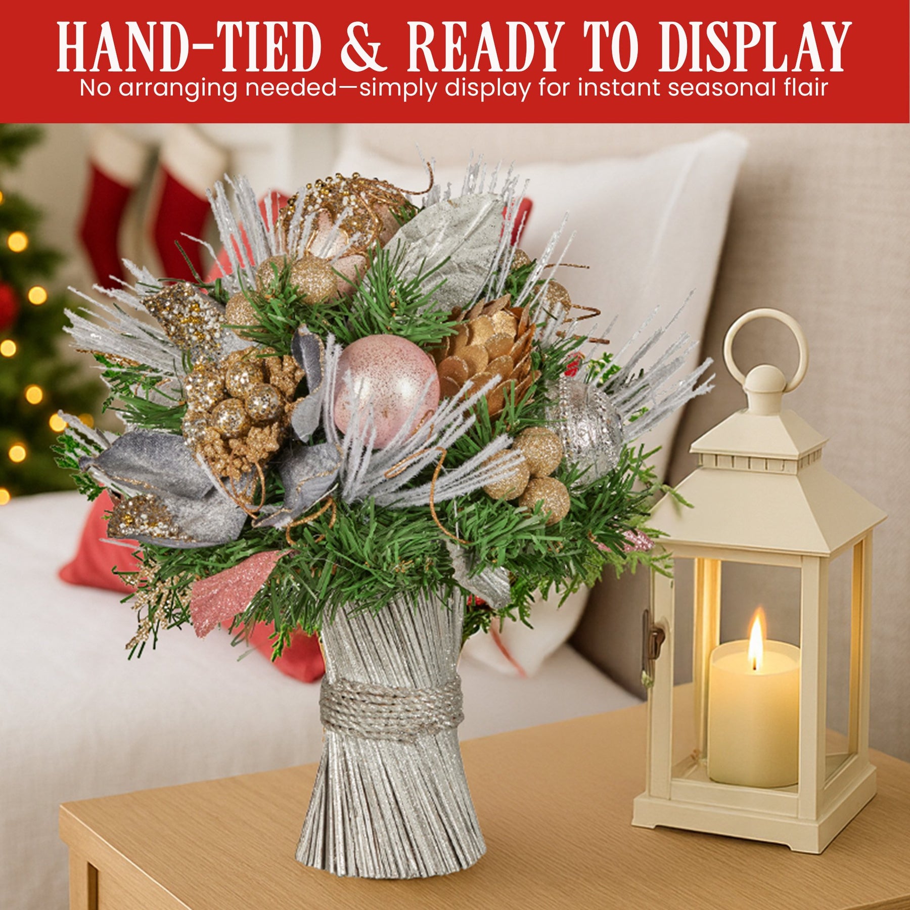 Christabelle 33cm Christmas Bouquet Pre Decorated Holiday Floral Arrangement w/Jewelled Baubles, Berries, Flowers & Pine - SuperSaverAU - view 3