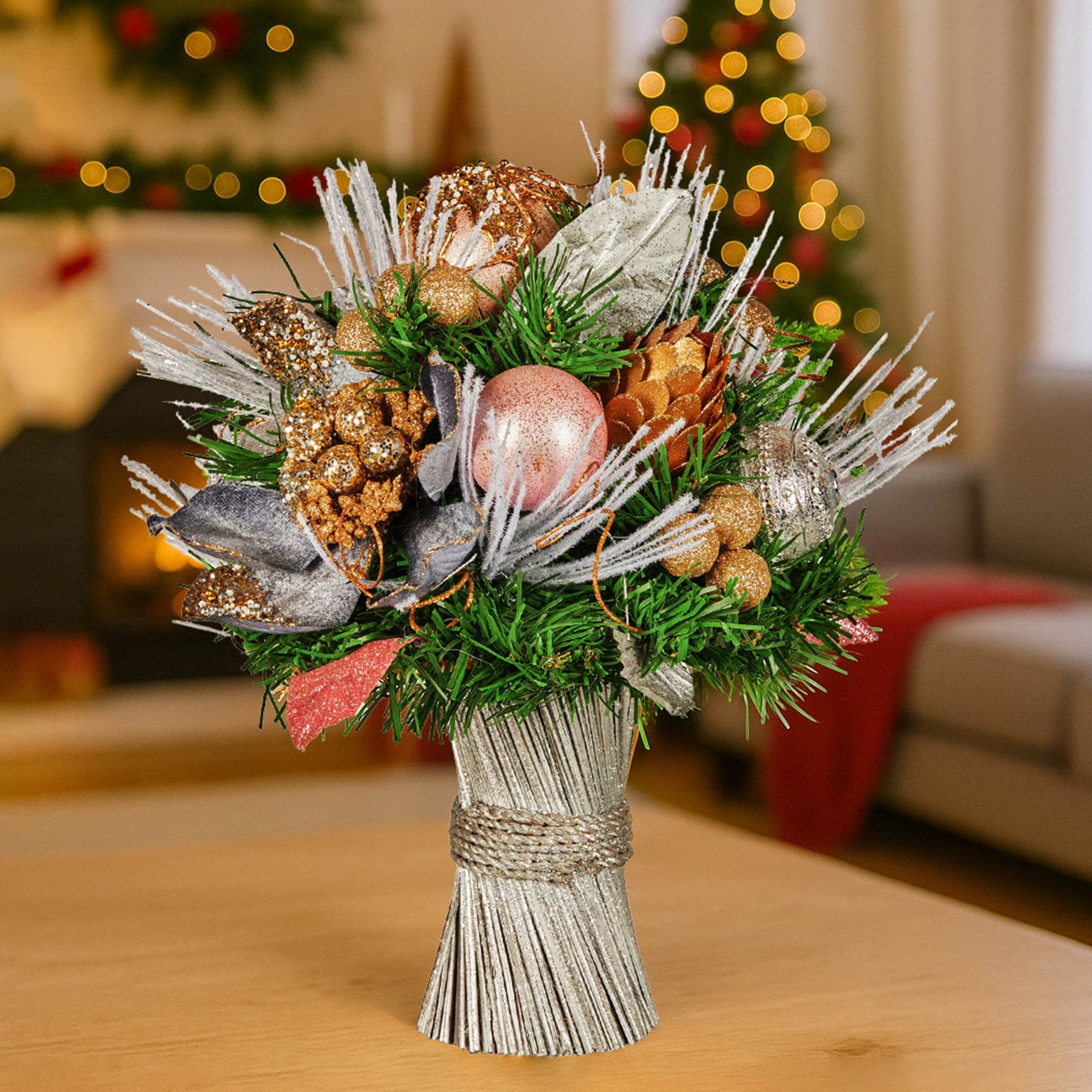 Christabelle 33cm Christmas Bouquet Pre Decorated Holiday Floral Arrangement w/Jewelled Baubles, Berries, Flowers & Pine - SuperSaverAU - view 4