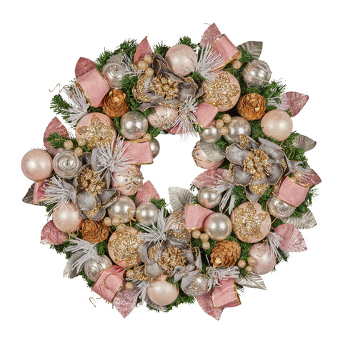 Christabelle 71cm Christmas Wreath Lush Pink Front Door Decoration Jewelled Baubles Flowers Pine Cones Ribbons Ornaments - SuperSaverAU - view 1