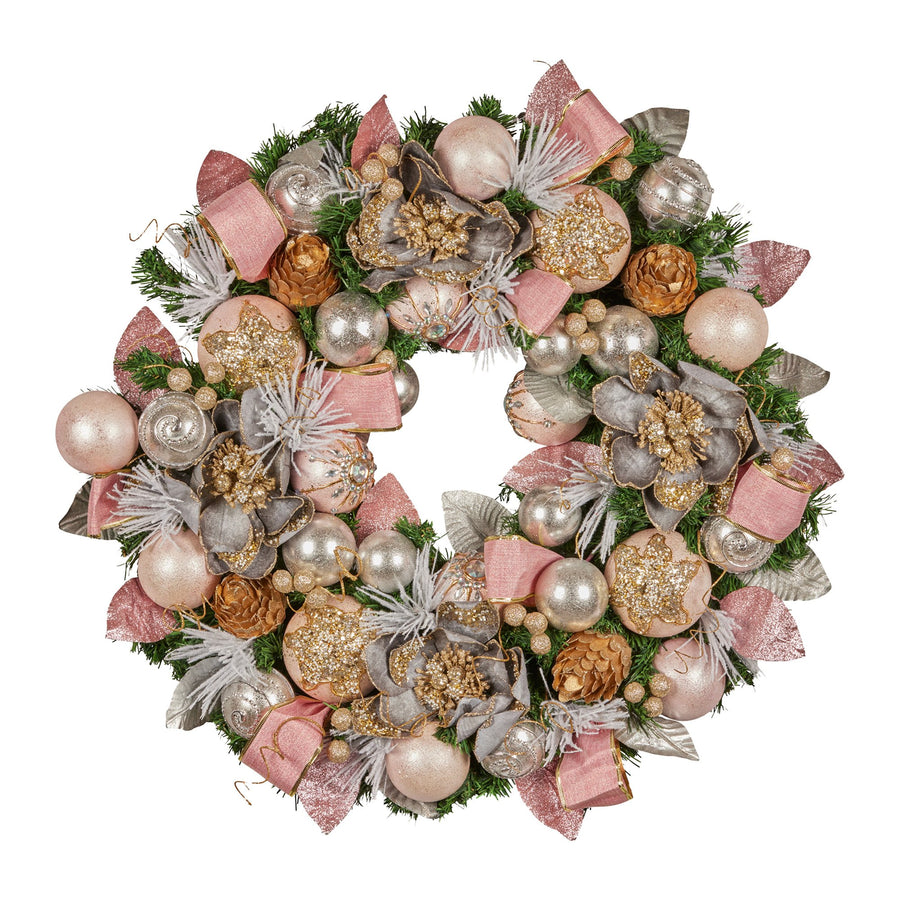 Christabelle 71cm Christmas Wreath Lush Pink Front Door Decoration Jewelled Baubles Flowers Pine Cones Ribbons Ornaments - SuperSaverAU - view 1
