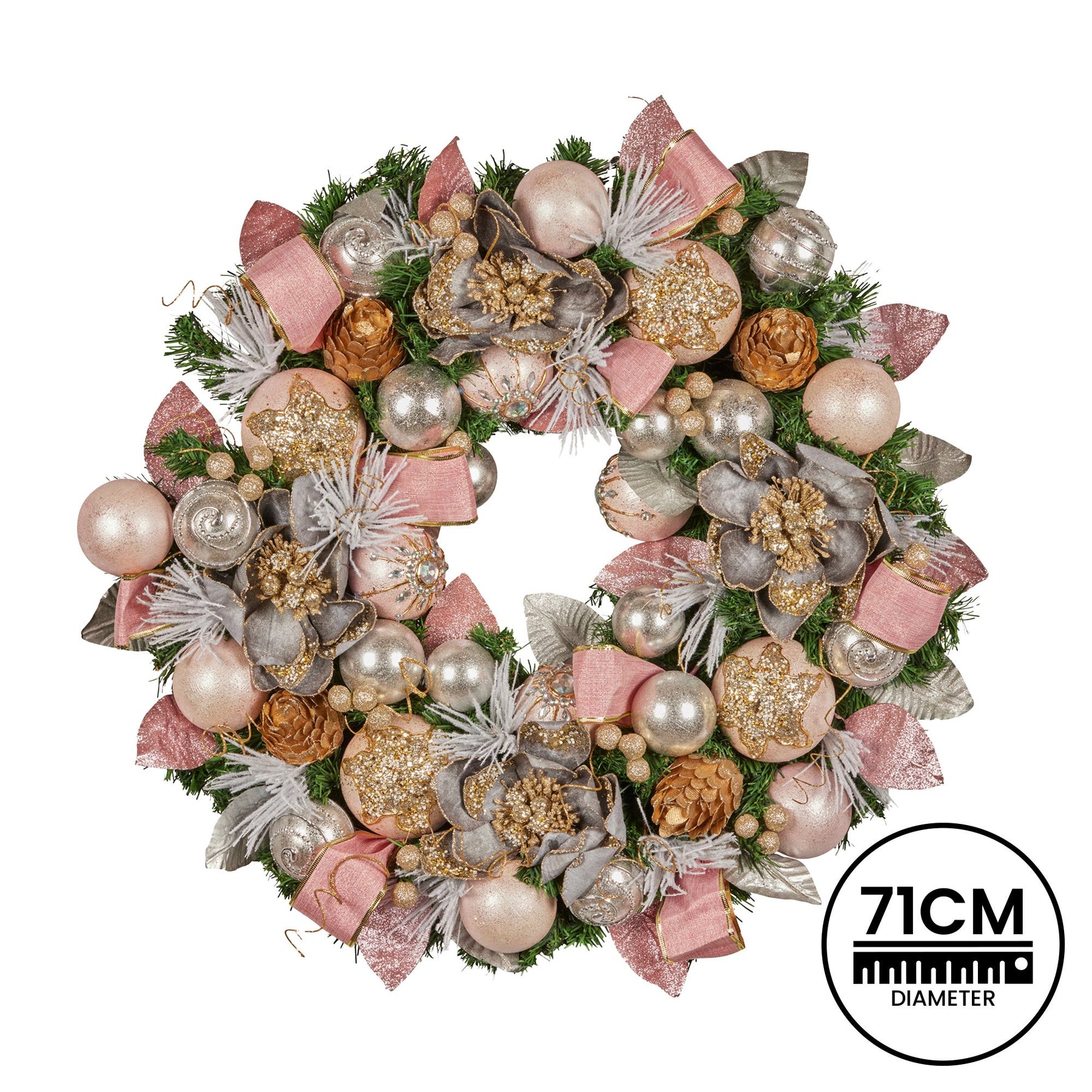 Christabelle 71cm Christmas Wreath Lush Pink Front Door Decoration Jewelled Baubles Flowers Pine Cones Ribbons Ornaments - SuperSaverAU - view 3