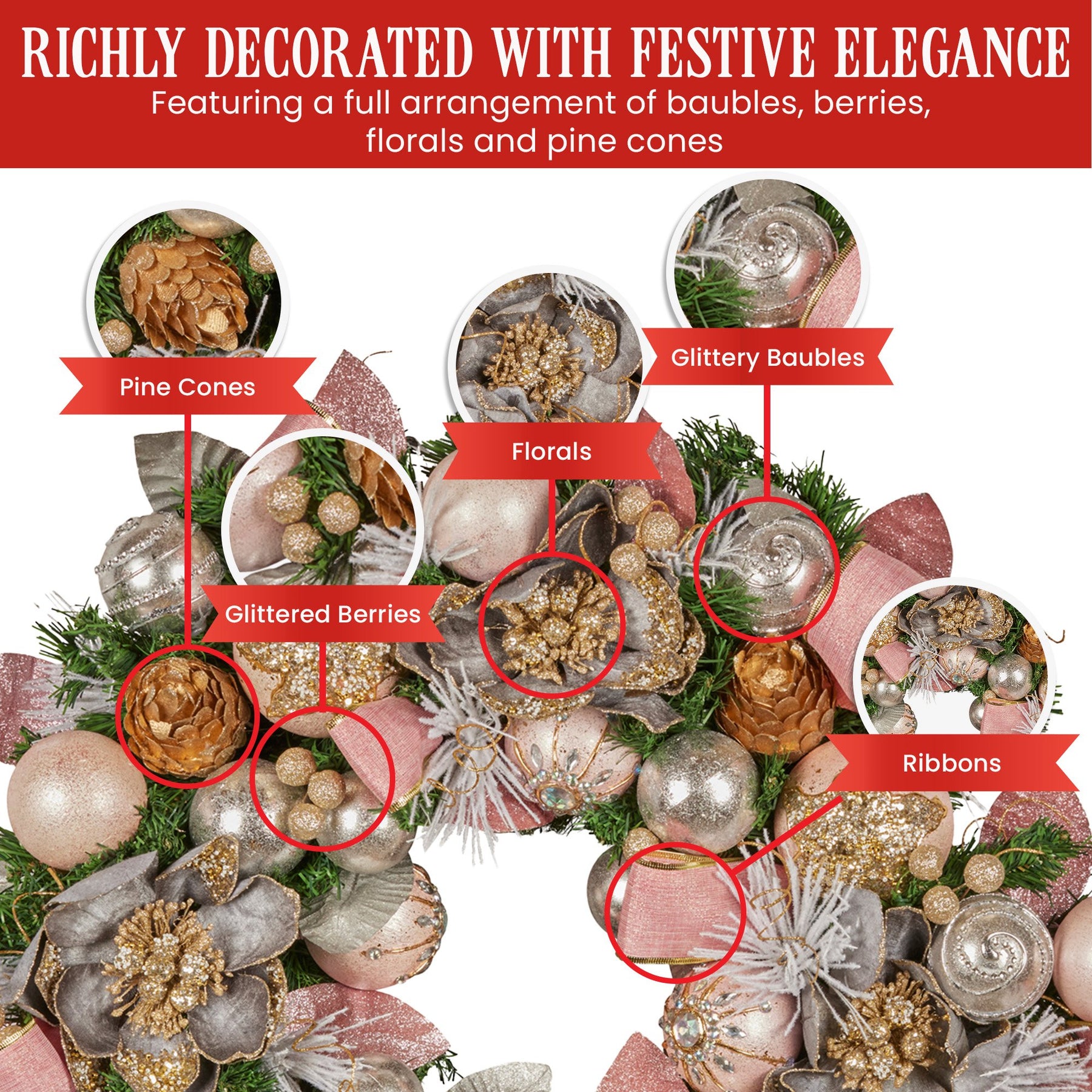 Christabelle 71cm Christmas Wreath Lush Pink Front Door Decoration Jewelled Baubles Flowers Pine Cones Ribbons Ornaments - SuperSaverAU - view 5