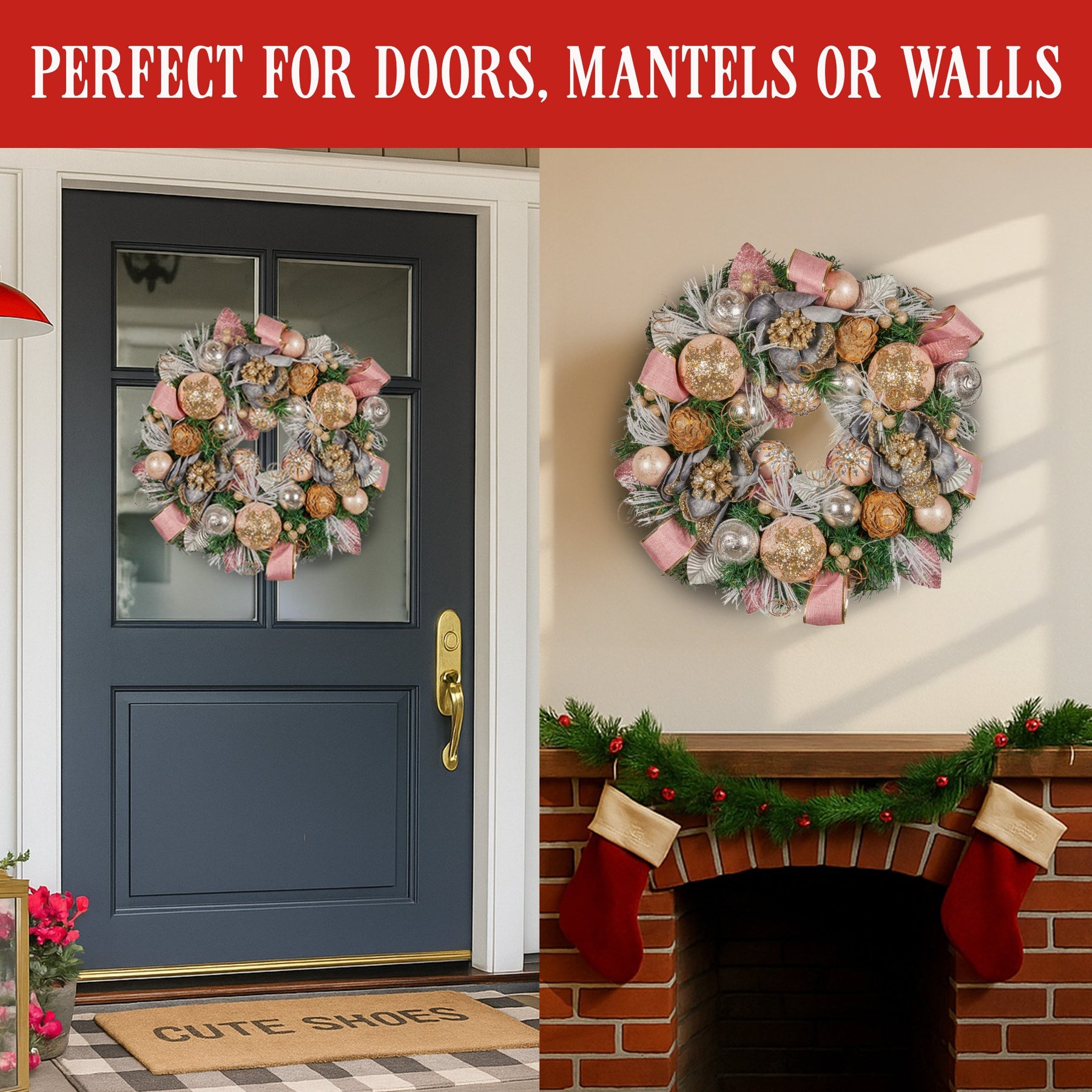 Christabelle 56cm Christmas Wreath Lush Pink Front Door Decoration Jewelled Baubles Flowers Pine Cones Ribbons Ornaments - SuperSaverAU - view 1