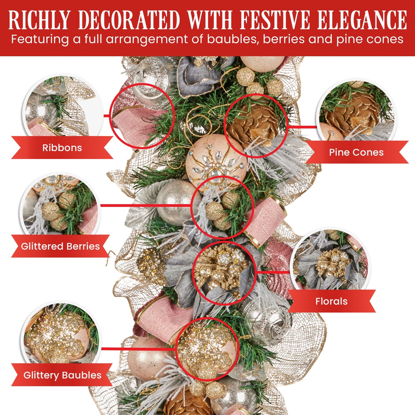 Christabelle Premium 100cm Christmas Garland Jewelled Baubles & Berries Tree Decoration Ornament Pink Silver Gold