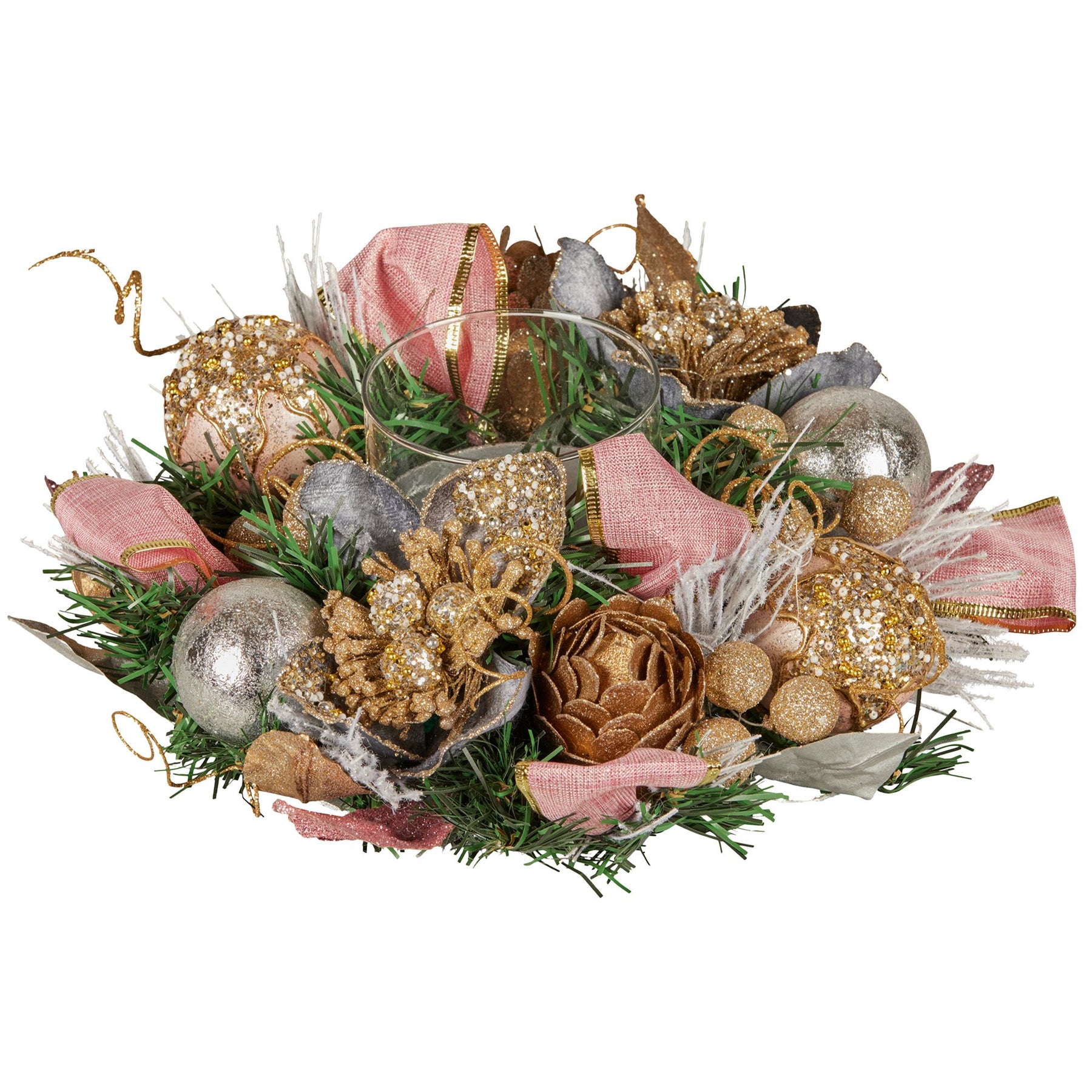 Christabelle 26cm Christmas Centrepiece Lush Green Holiday w/Jewelled Baubles, Foliage, Flowers, Pine Cones, Ribbon - SuperSaverAU - view 1