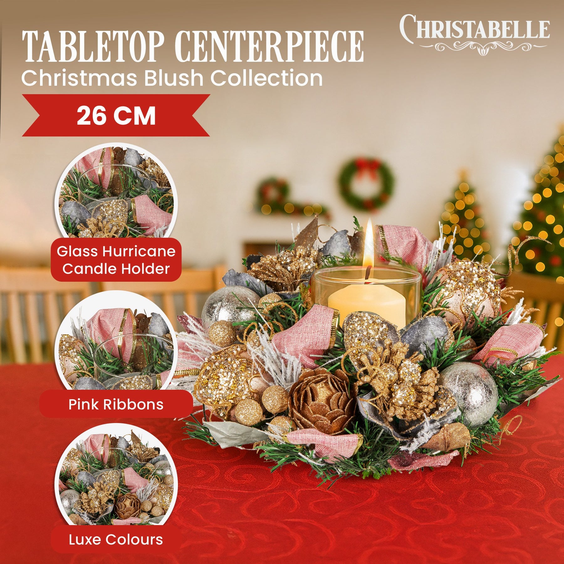 Christabelle 26cm Christmas Centrepiece Lush Green Holiday w/Jewelled Baubles, Foliage, Flowers, Pine Cones, Ribbon - SuperSaverAU - view 2
