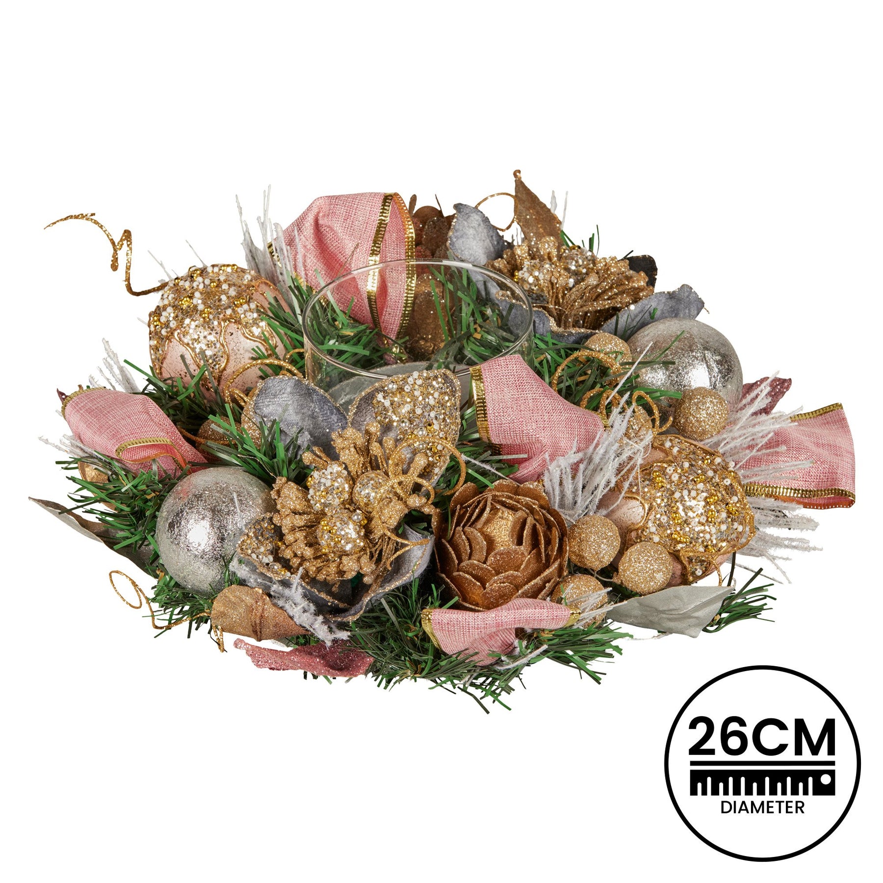 Christabelle 26cm Christmas Centrepiece Lush Green Holiday w/Jewelled Baubles, Foliage, Flowers, Pine Cones, Ribbon - SuperSaverAU - view 3
