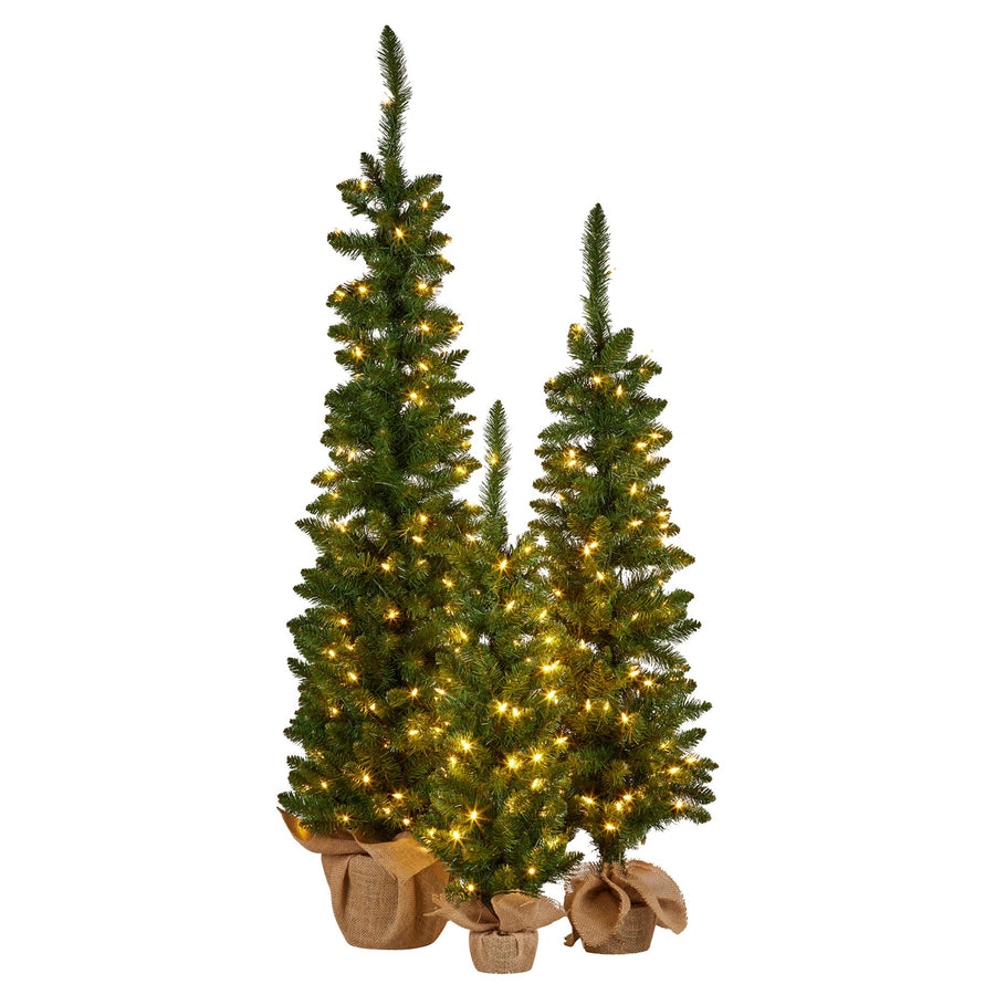 Christabelle Set of 3 Pre-Lit Christmas Trees Green Pine w/LED Lights, Hessian Base & Individual Plugs Varying Heights - SuperSaverAU - view 1