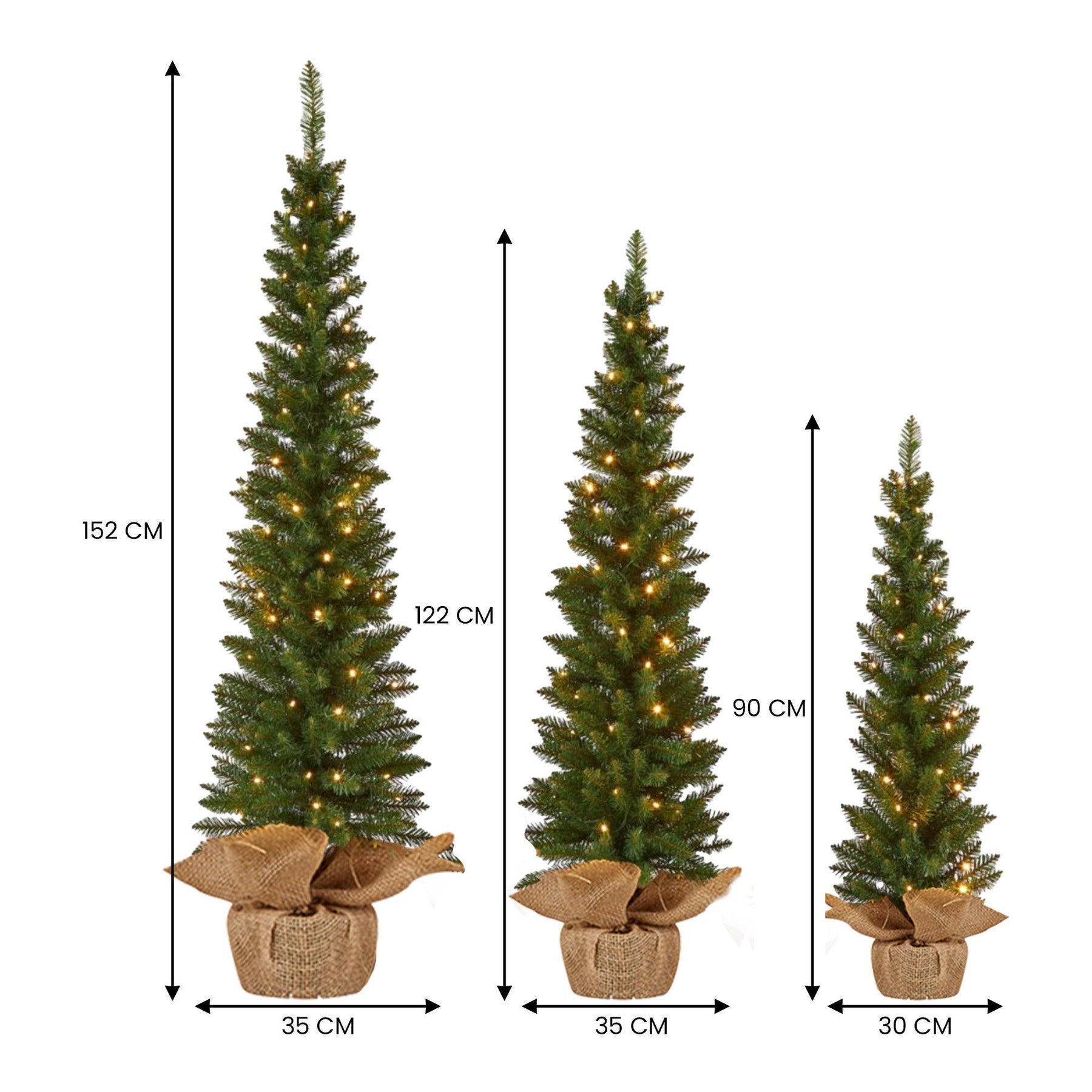 Christabelle Set of 3 Pre-Lit Christmas Trees Green Pine w/LED Lights, Hessian Base & Individual Plugs Varying Heights - SuperSaverAU - view 3