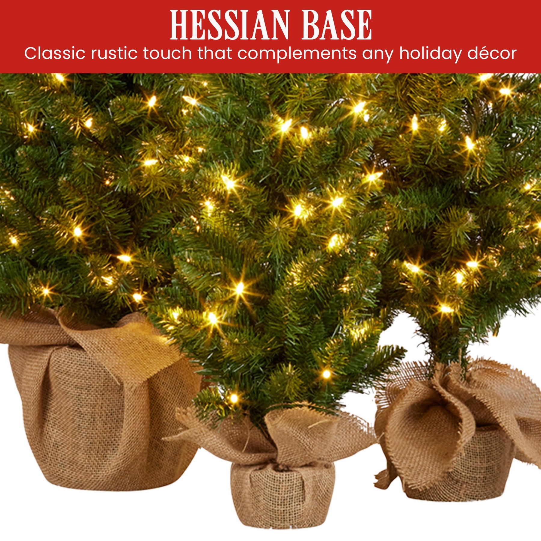 Christabelle Set of 3 Pre-Lit Christmas Trees Green Pine w/LED Lights, Hessian Base & Individual Plugs Varying Heights - SuperSaverAU - view 6