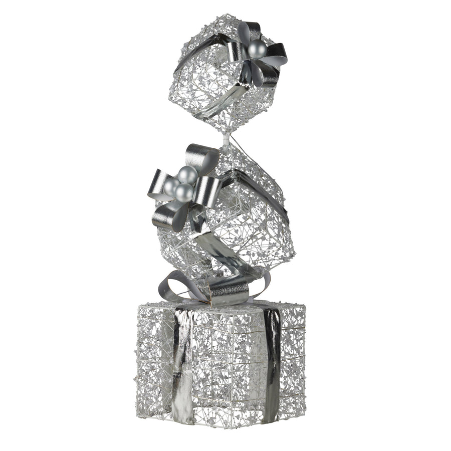 Christabelle 83cm Triple Christmas Silver Giftbox Stack Display with Lights - SuperSaverAU - view 1
