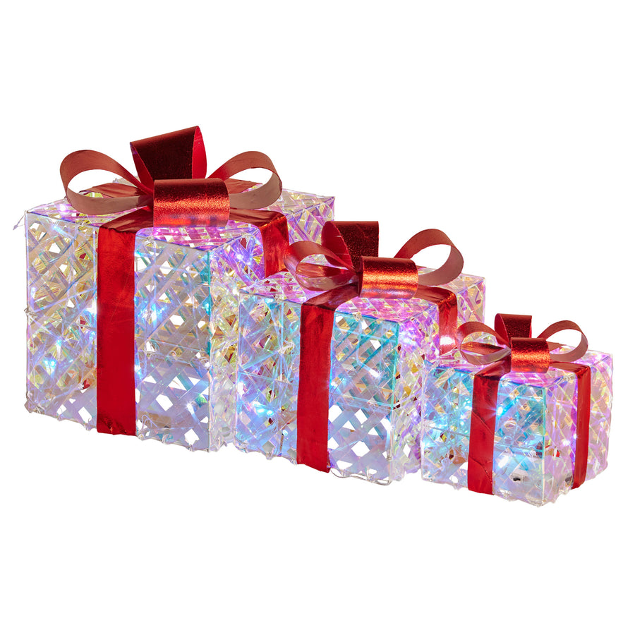 Christabelle Set of 3 Christmas Gift Boxes With Lights - Clear Shimmer With Red Bows - SuperSaverAU - view 1
