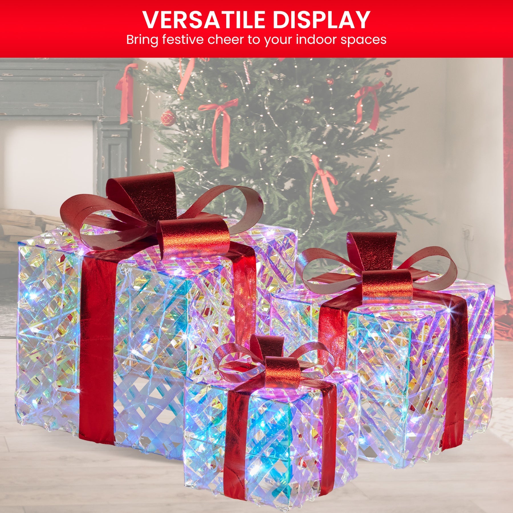 Christabelle Set of 3 Christmas Gift Boxes With Lights - Clear Shimmer With Red Bows - SuperSaverAU - view 2