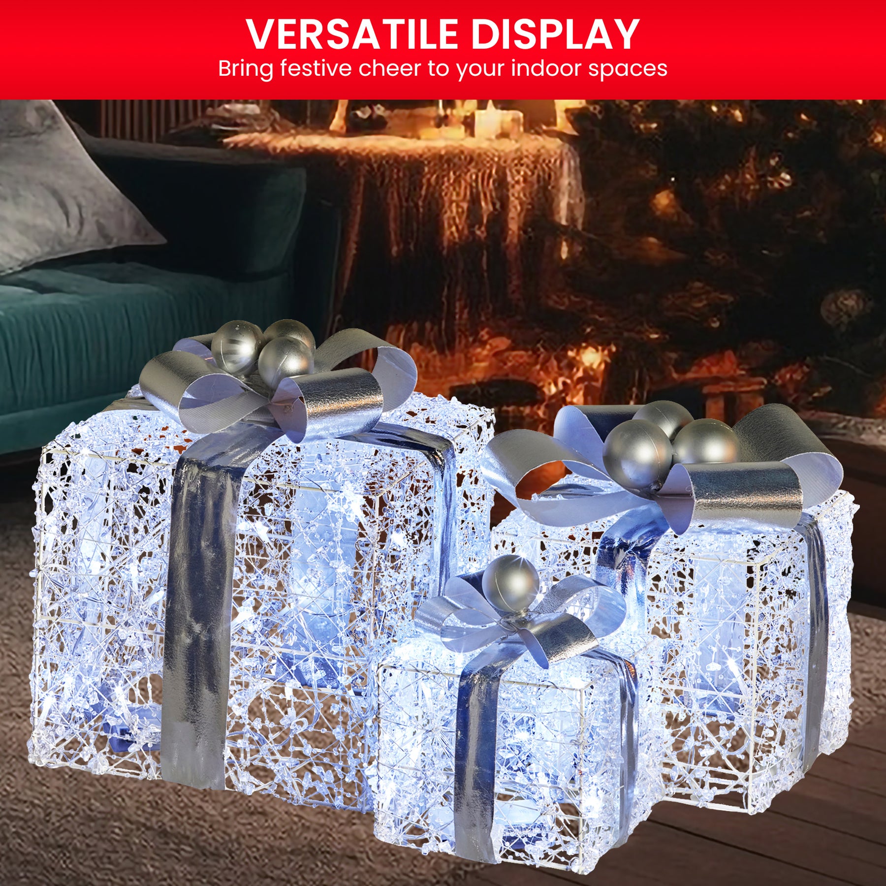 Christabelle Swishmas Set Of 3 Christmas Gift Boxes With Lights With Jewelled Wire And Silver Bows - SuperSaverAU - view 2