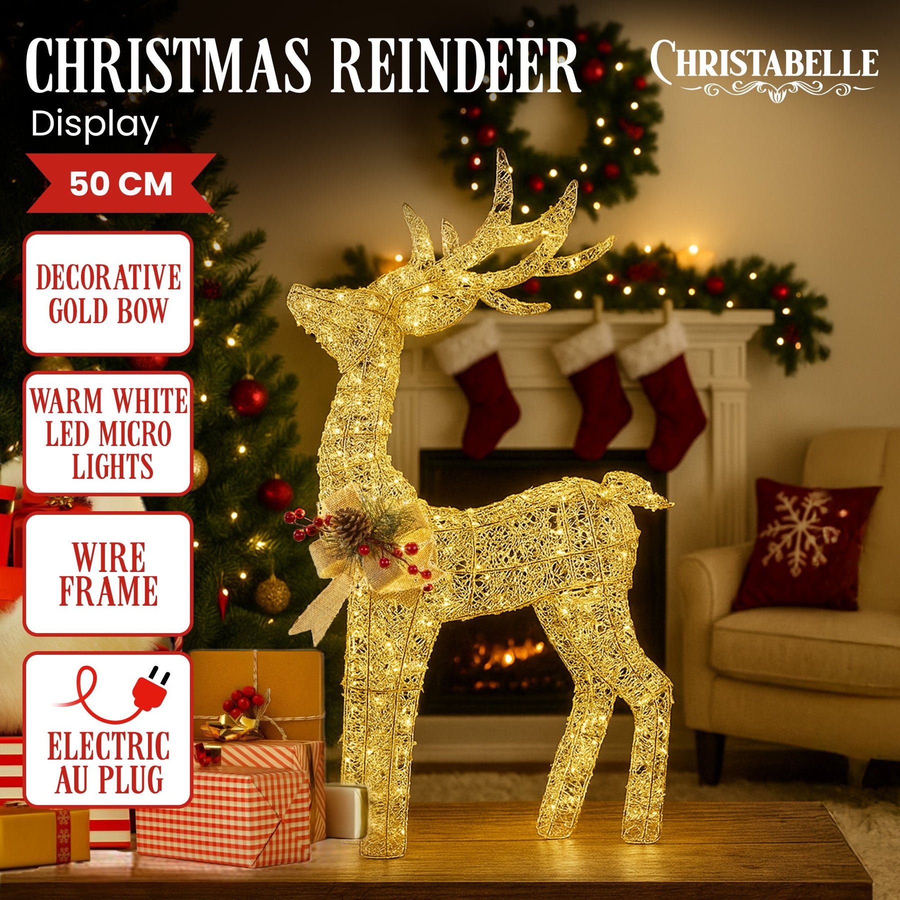 Christabelle Light Up Christmas Reindeer Display Indoor & Outdoor Decoration Warm White LED Lights Gold Bow Wire Frame - SuperSaverAU - view 2
