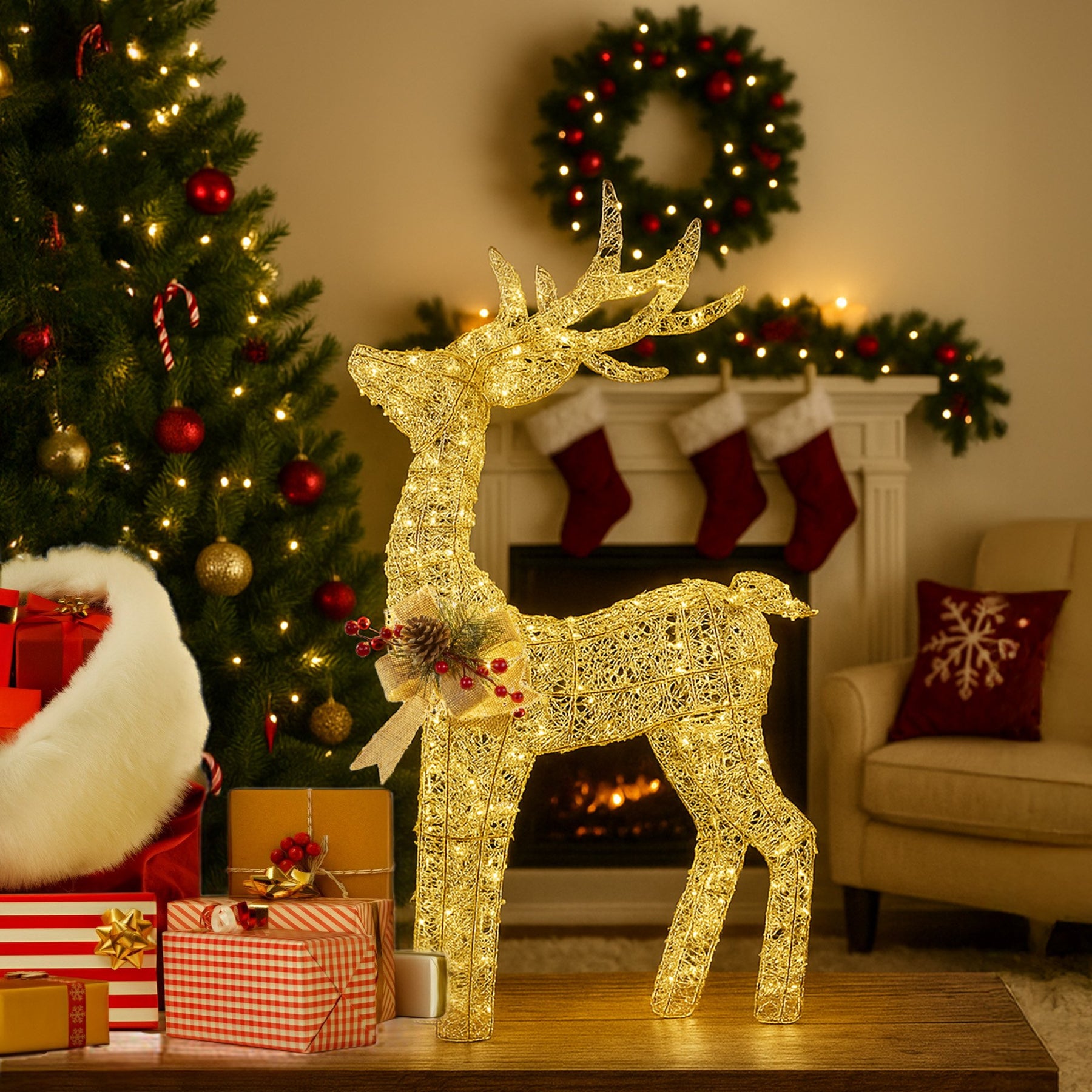 Christabelle Light Up Christmas Reindeer Display Indoor & Outdoor Decoration Warm White LED Lights Gold Bow Wire Frame - SuperSaverAU - view 6