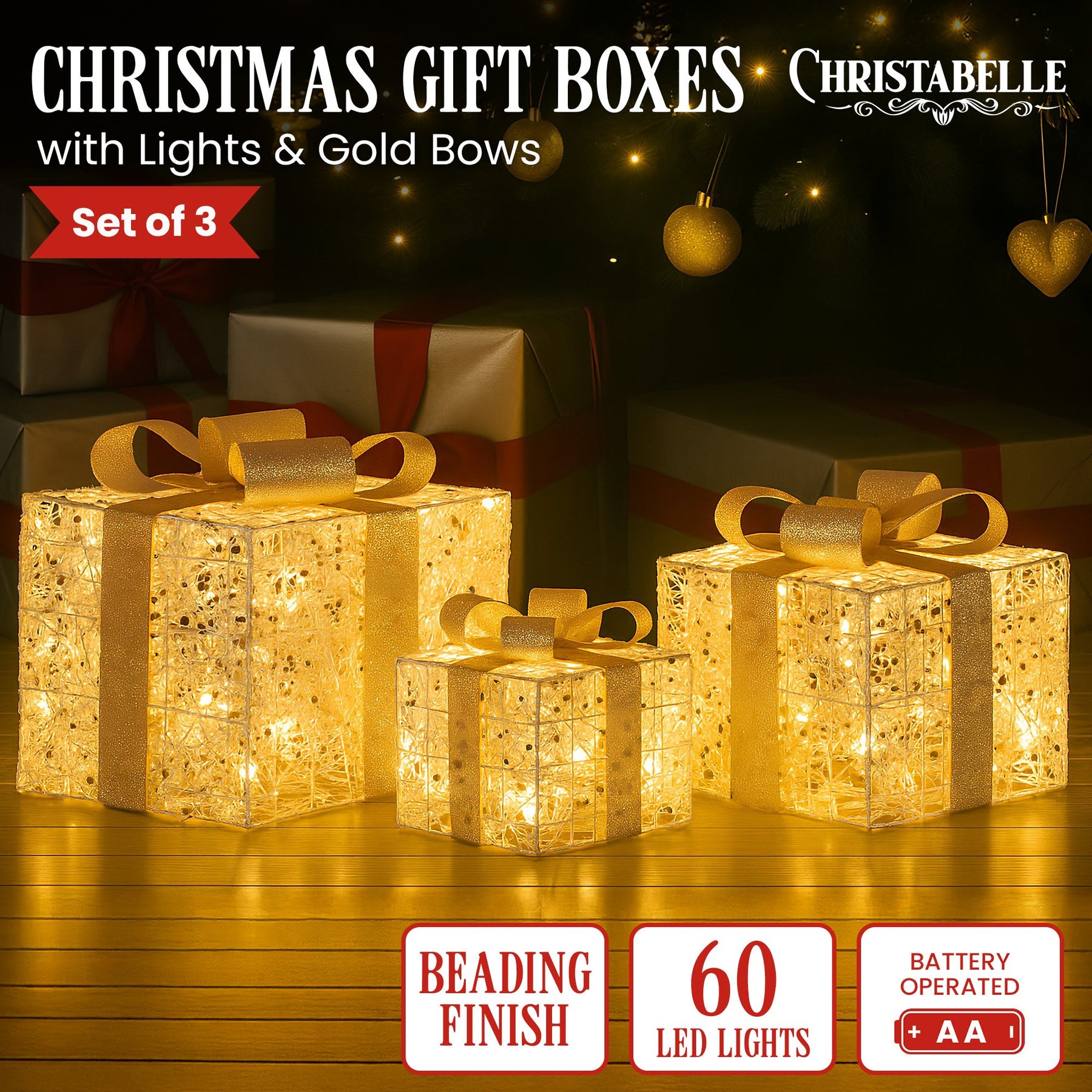 Christabelle Set of 3 Battery Operated Golden Christmas Gift Boxes w/Warm White LED Lights Indoor Decorative Holiday - SuperSaverAU - view 1