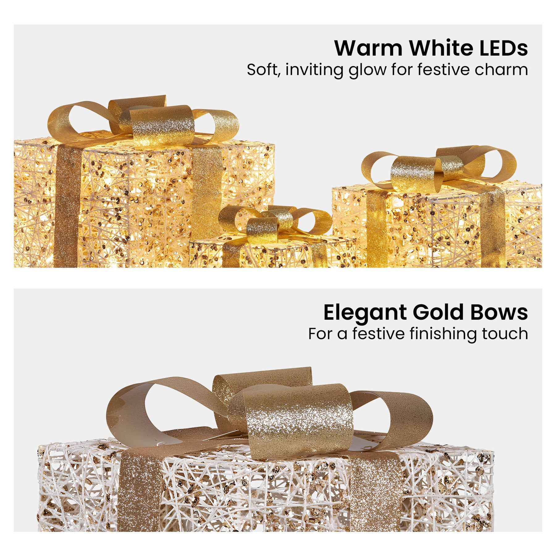 Christabelle Set of 3 Battery Operated Golden Christmas Gift Boxes w/Warm White LED Lights Indoor Decorative Holiday - SuperSaverAU - view 3