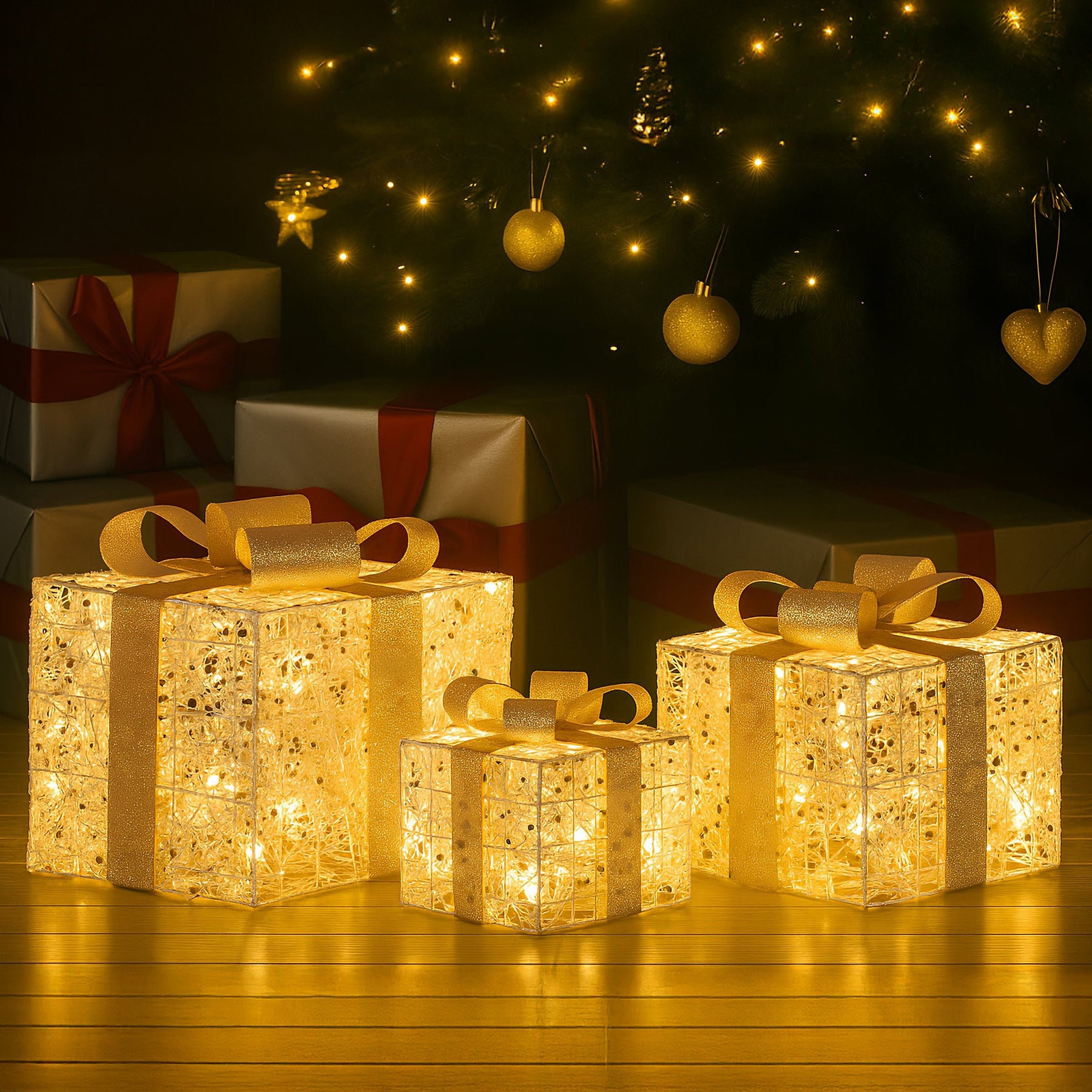 Christabelle Set of 3 Battery Operated Golden Christmas Gift Boxes w/Warm White LED Lights Indoor Decorative Holiday - SuperSaverAU - view 4
