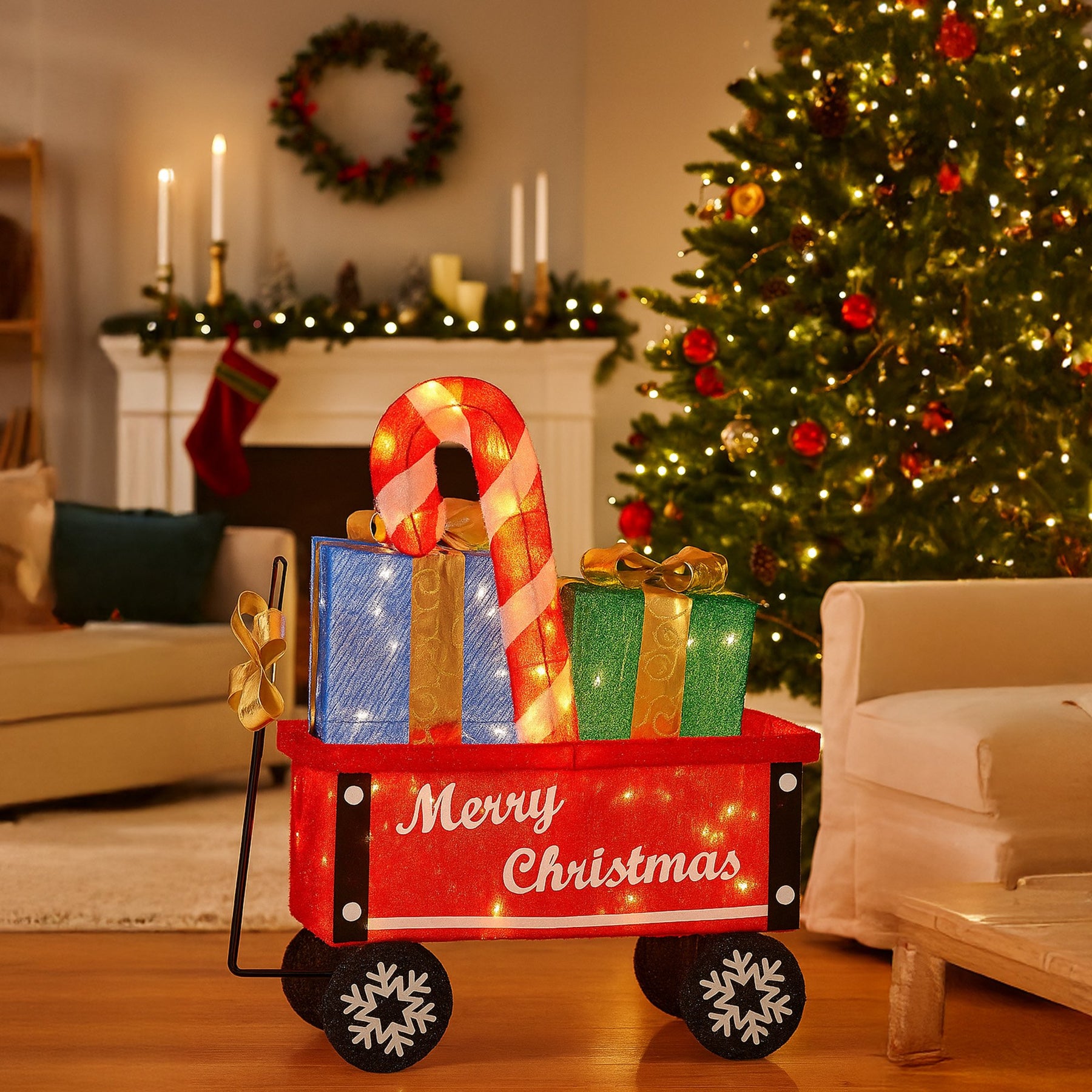 Christabelle Christmas Cart Display w/Candy Cane & Presents Warm White LED Lights Wire Frame Structure Indoor & Outdoor - SuperSaverAU - view 7