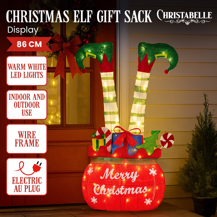 Christabelle Elf in Gift Sack Christmas Display Warm White LED Lights 86cm for Decoration w/Wire Frame Construction - SuperSaverAU - view 1