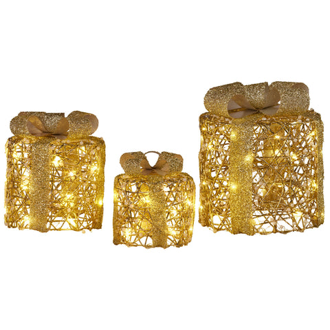 Christabelle Set of 3 Christmas Gift Box Display Gold with LED Lights and Bows Decoration Ornament Present - SuperSaverAU - view 1
