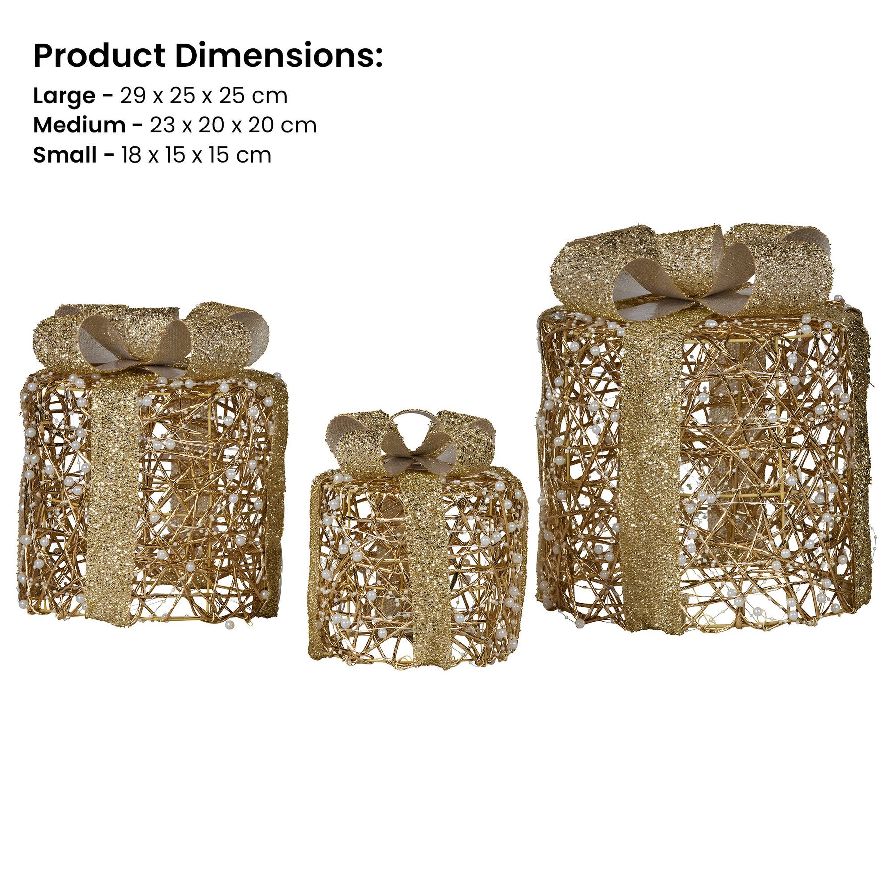 Christabelle Set of 3 Christmas Gift Box Display Gold with LED Lights and Bows Decoration Ornament Present - SuperSaverAU - view 2