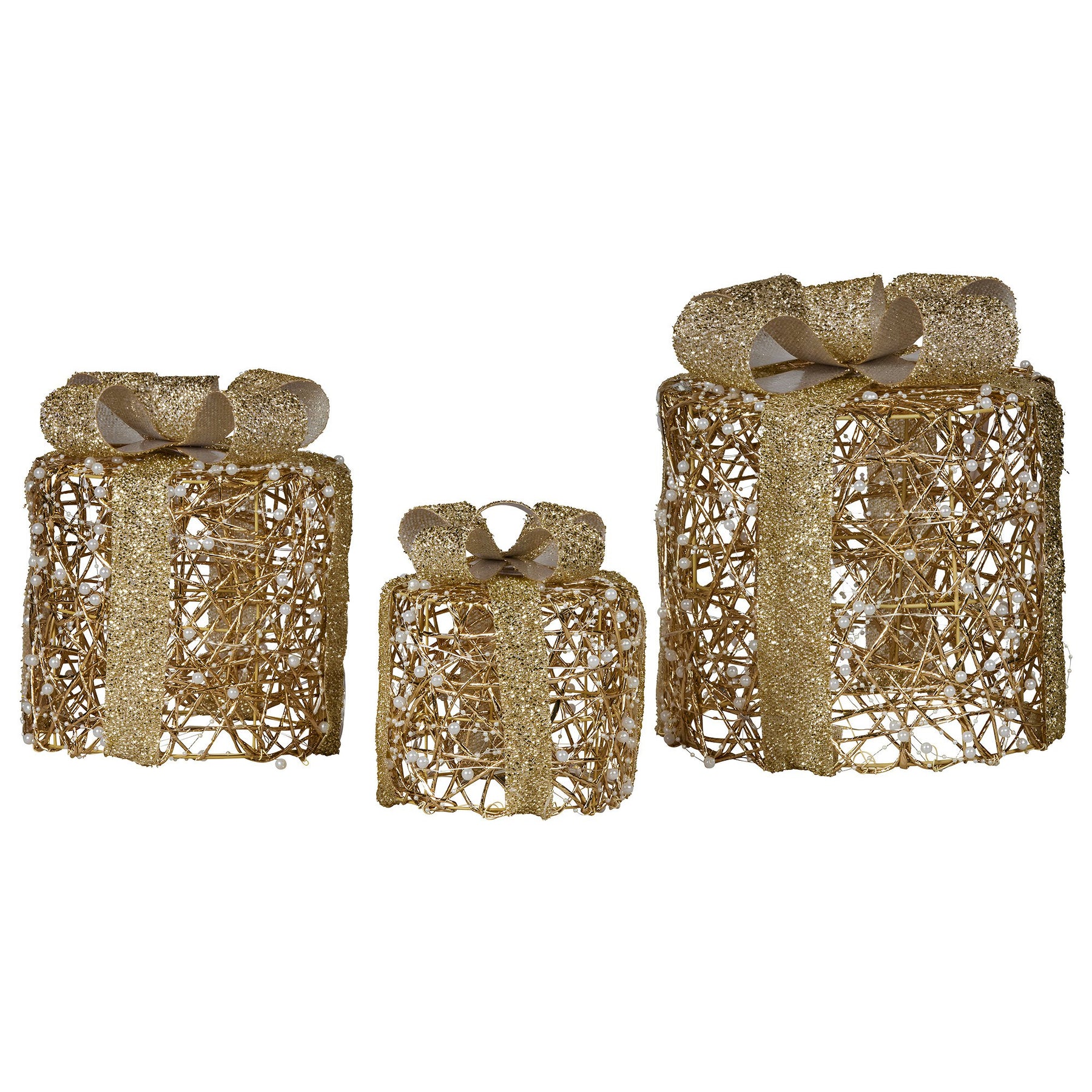 Christabelle Set of 3 Christmas Gift Box Display Gold with LED Lights and Bows Decoration Ornament Present - SuperSaverAU - view 3