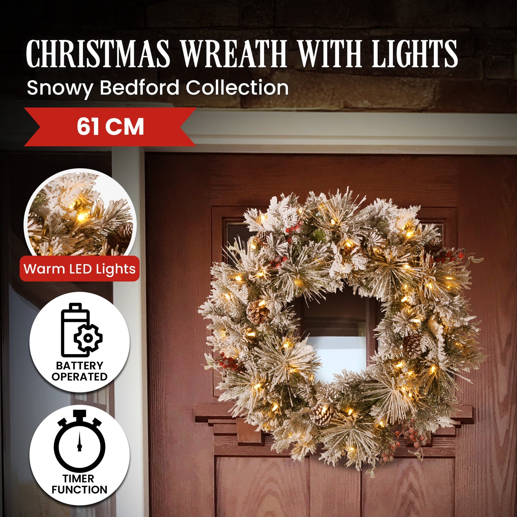 Christabelle 61cm Snowy Christmas Wreath with LED Lights, Battery-Operated - SuperSaverAU - view 2
