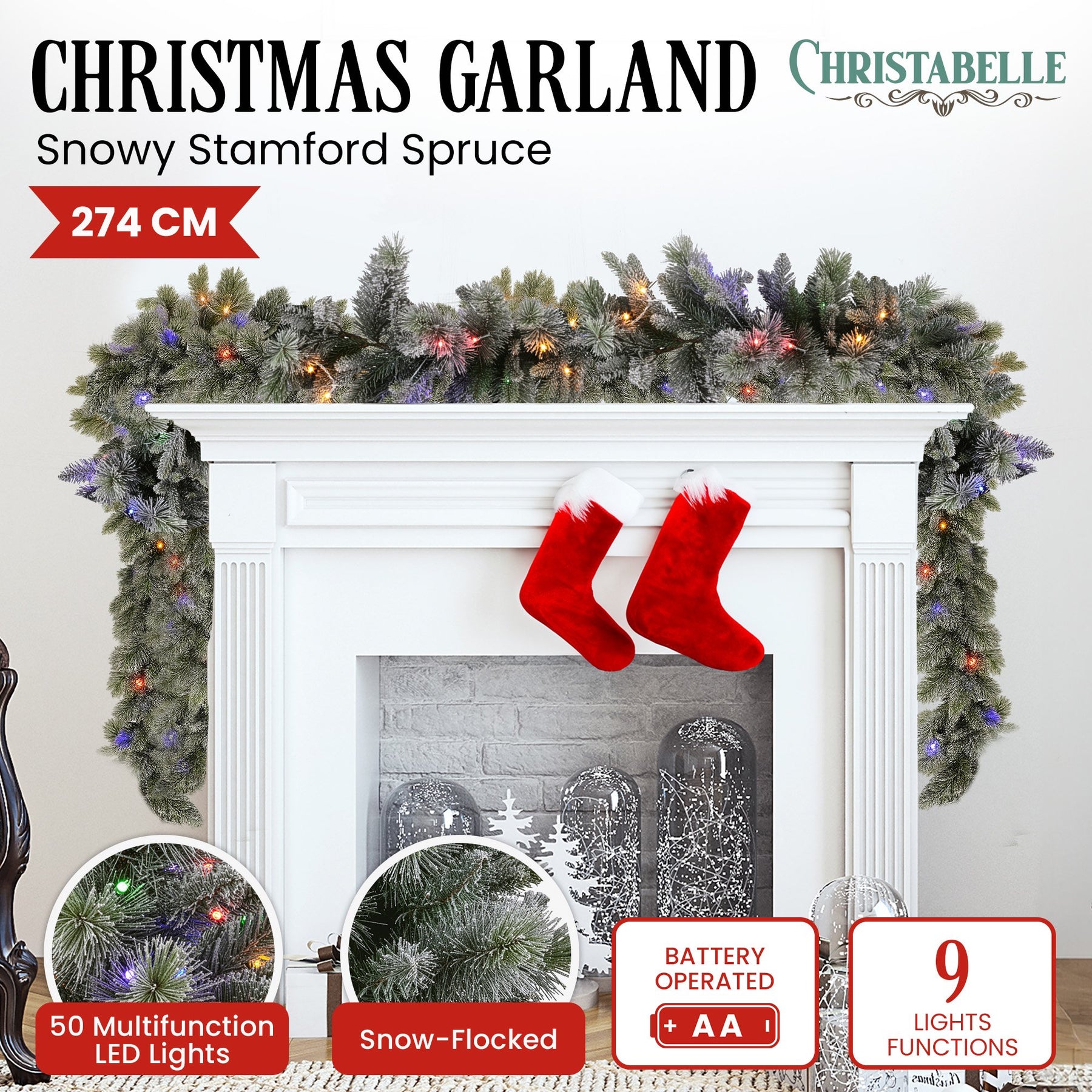 Christabelle 2.7m Christmas Garland Snowy with LED Lights Stamford Spruce Tree Decoration Ornament - SuperSaverAU - view 4