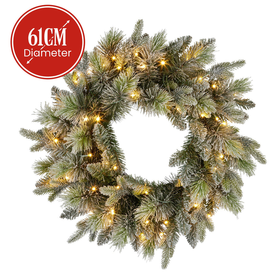 Christabelle 61cm Christmas Wreath Snowy Stamford Spruce with Coloured LED Lights Front Door Decoration Ornament - SuperSaverAU - view 1