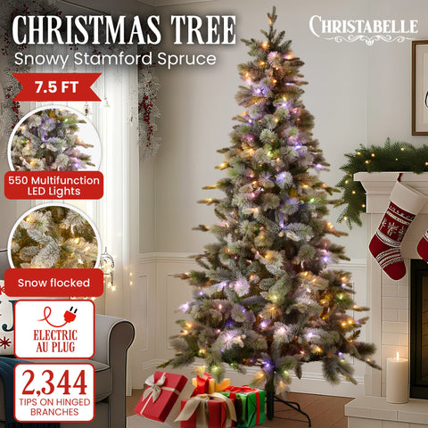 National Tree Company Snowy Stamford Spruce 7.5ft Christmas Tree Multi Functional White Coloured LED Lights & Foot Pedal - SuperSaverAU - view 1
