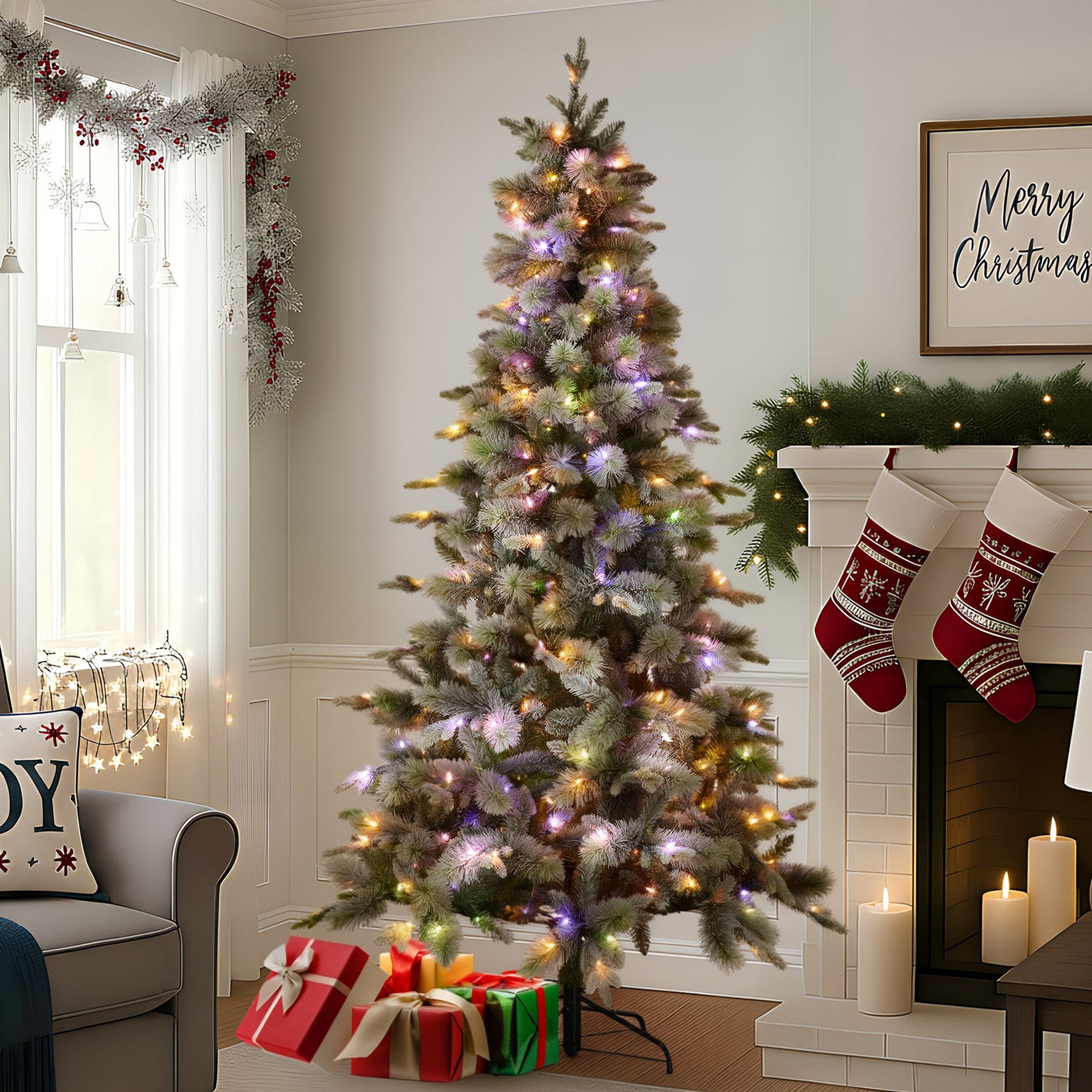 National Tree Company Snowy Stamford Spruce 7.5ft Christmas Tree Multi Functional White Coloured LED Lights & Foot Pedal - SuperSaverAU - view 4