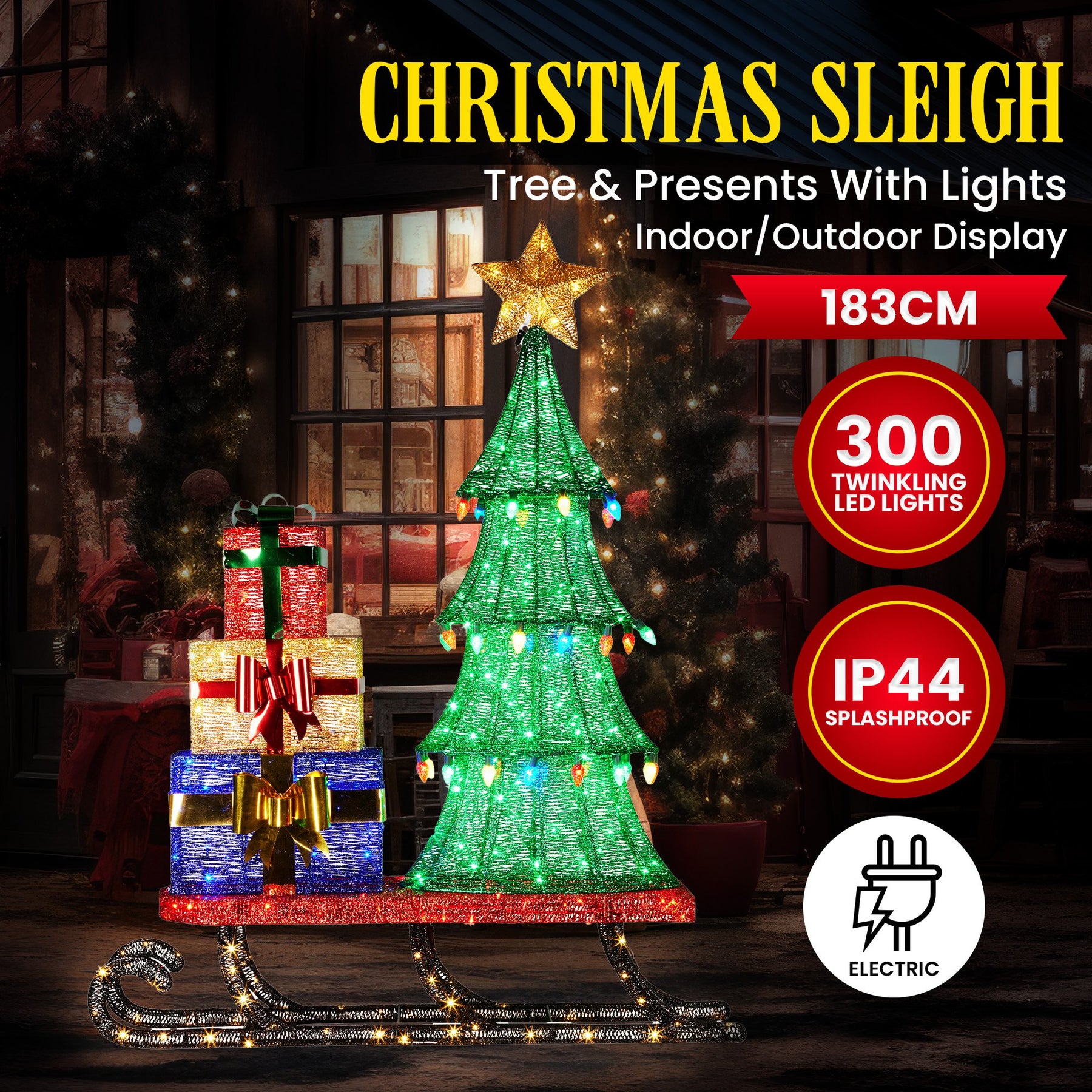 Christabelle Christmas Display Sled 183cm With Tree And Presents Led Lights & C9 Bulbs - SuperSaverAU - view 1