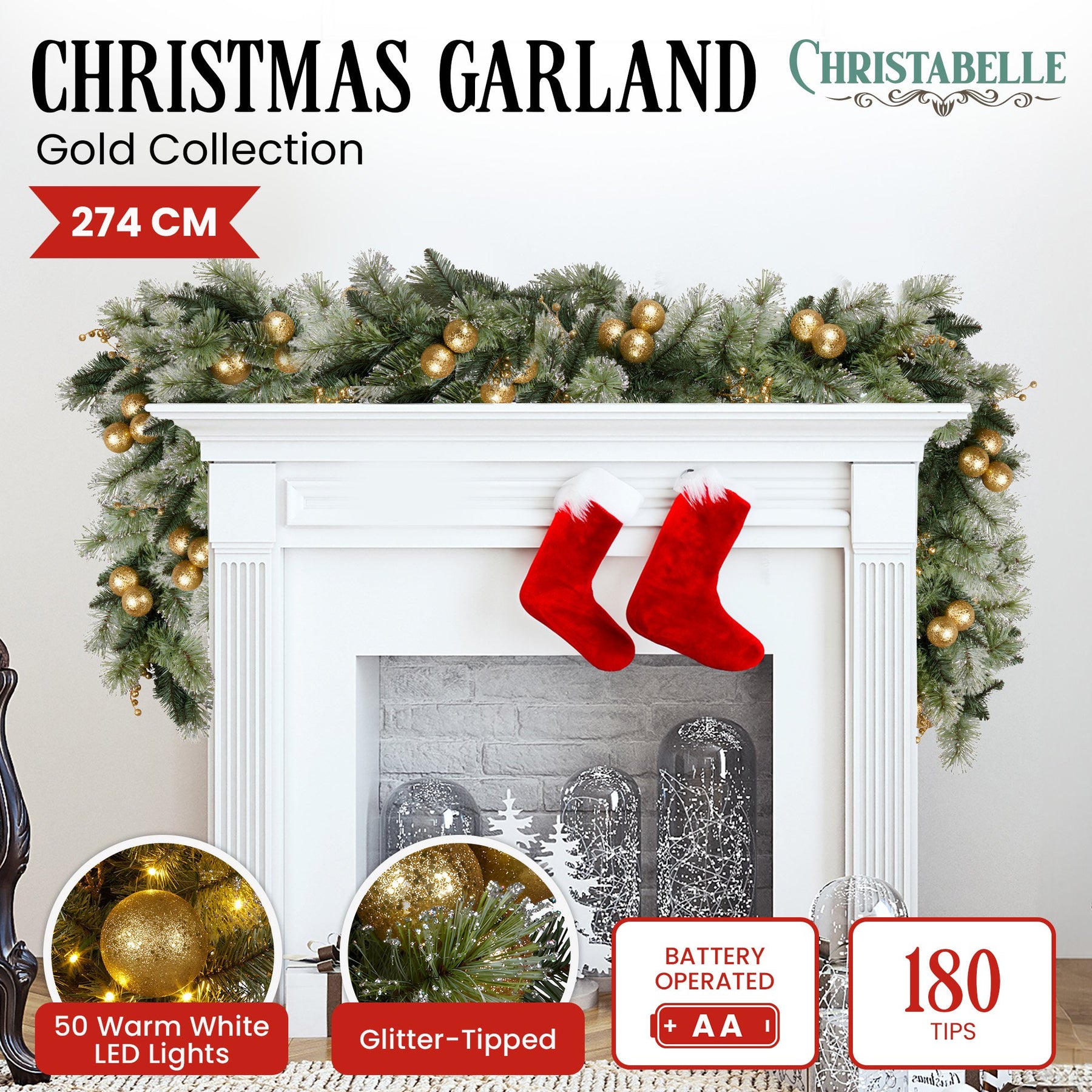 Christabelle 2.7m Christmas Garland with Gold Baubles and LED Lights Mantle Decoration Ornament - SuperSaverAU - view 1