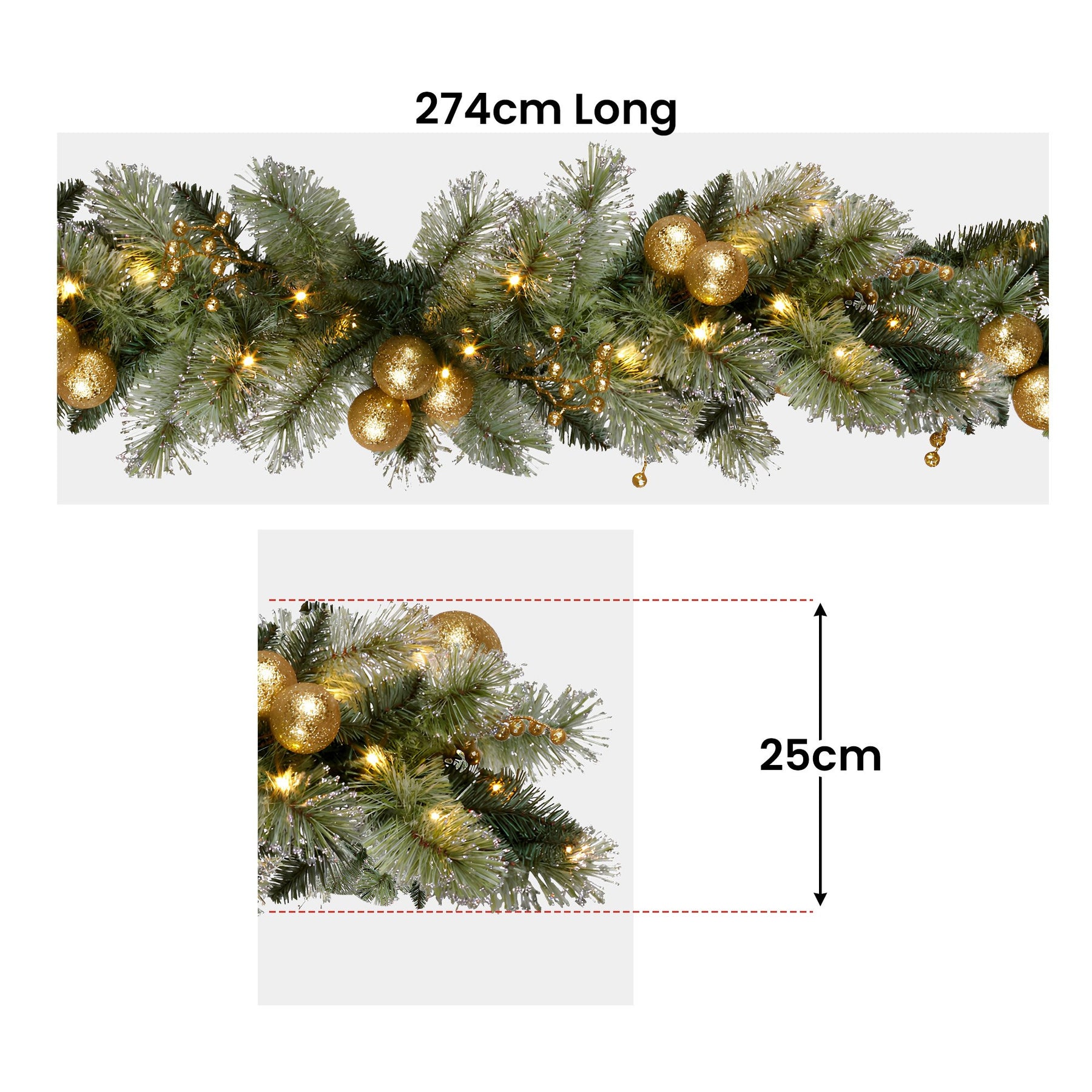 Christabelle 2.7m Christmas Garland with Gold Baubles and LED Lights Mantle Decoration Ornament - SuperSaverAU - view 2