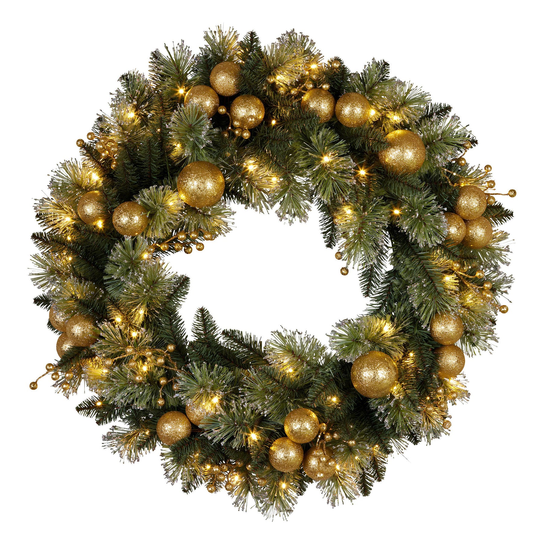 Christabelle 61cm Christmas Wreath Glittery Tipped with LED Lights and Golden Baubles Front Door Decoration Ornament - SuperSaverAU - view 1