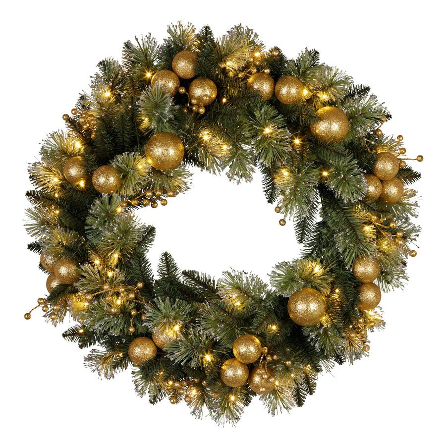 Christabelle 61cm Christmas Wreath Glittery Tipped with LED Lights and Golden Baubles Front Door Decoration Ornament - SuperSaverAU - view 1
