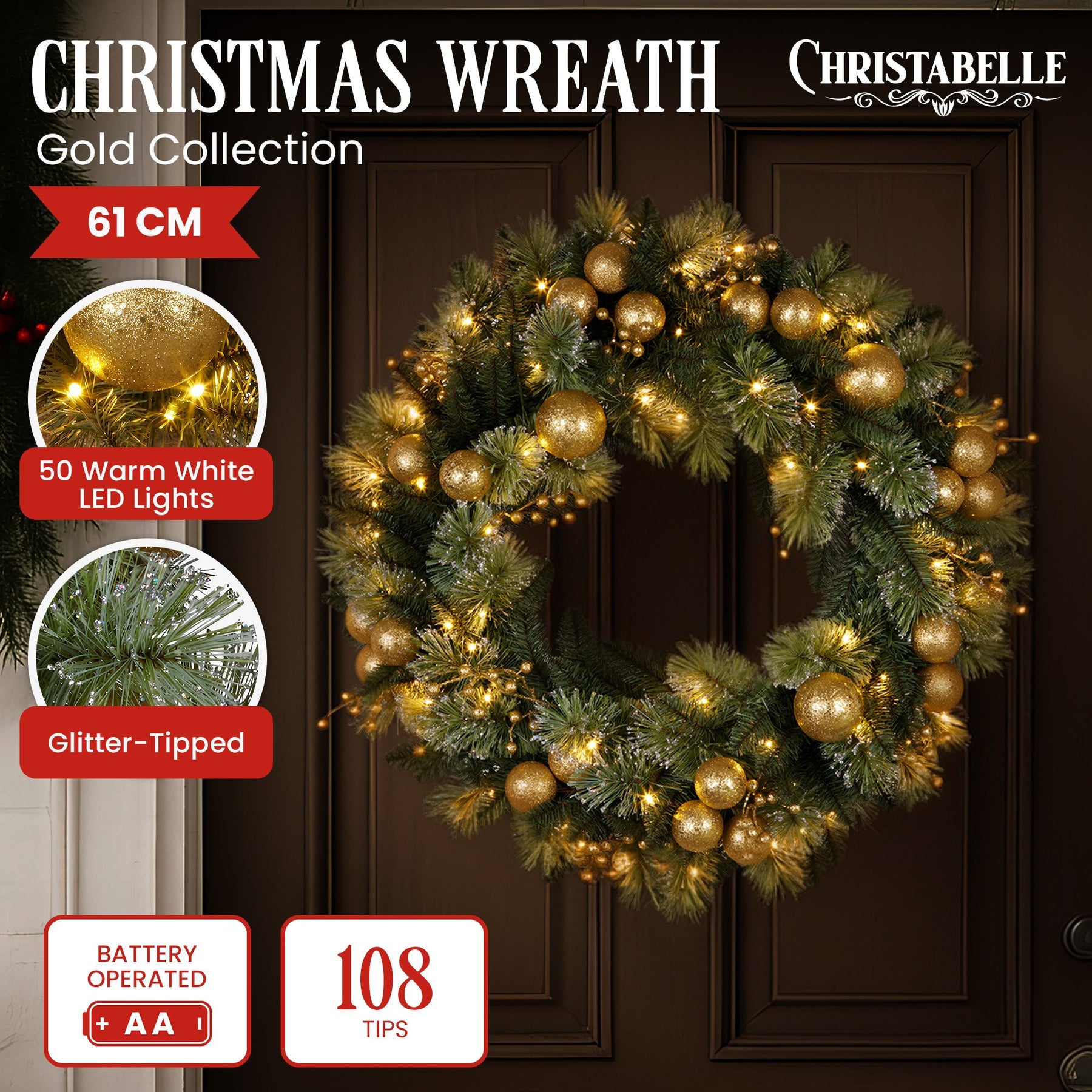 Christabelle 61cm Christmas Wreath Glittery Tipped with LED Lights and Golden Baubles Front Door Decoration Ornament - SuperSaverAU - view 2