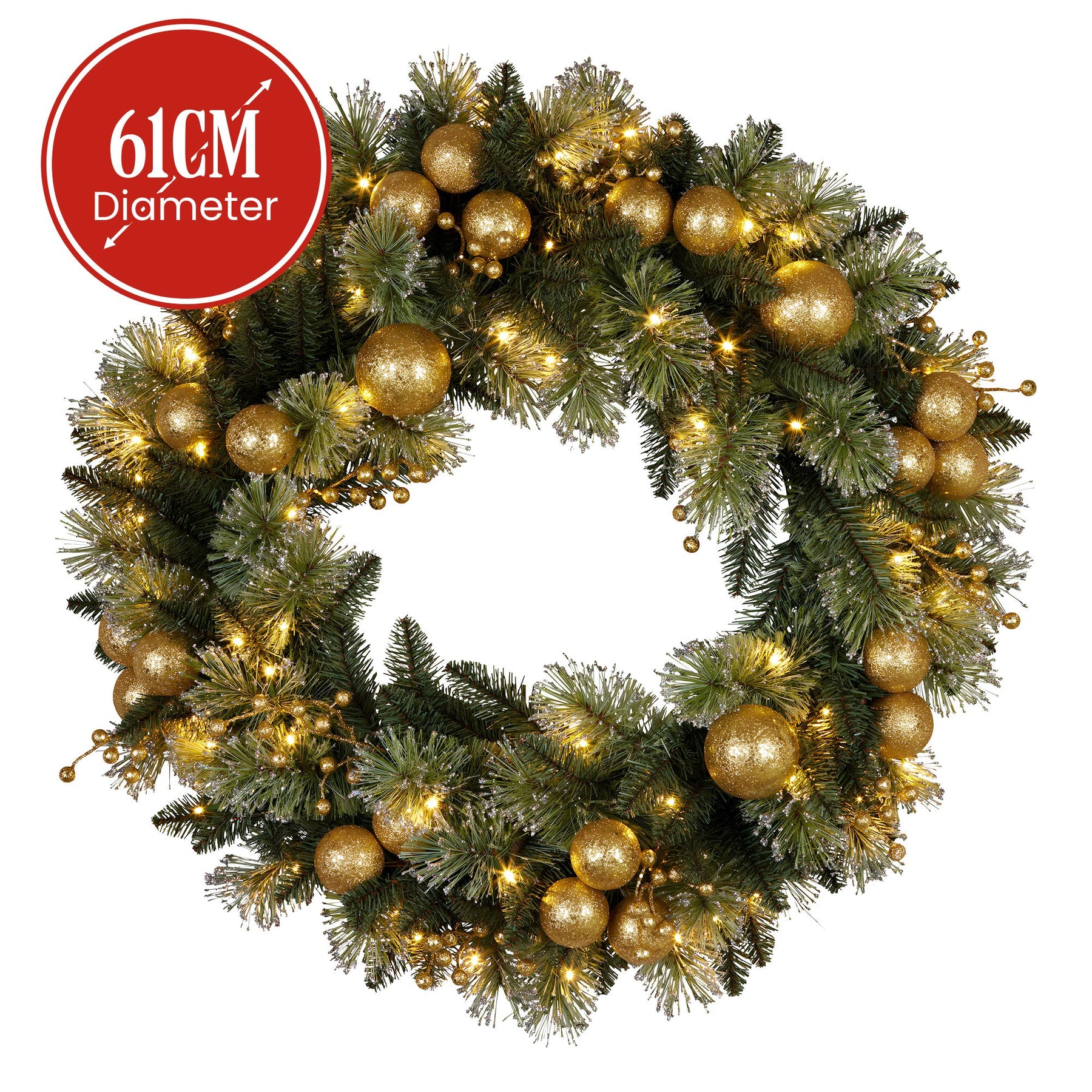 Christabelle 61cm Christmas Wreath Glittery Tipped with LED Lights and Golden Baubles Front Door Decoration Ornament - SuperSaverAU - view 3