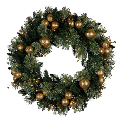 Christabelle 61cm Christmas Wreath Glittery Tipped with LED Lights and Golden Baubles Front Door Decoration Ornament