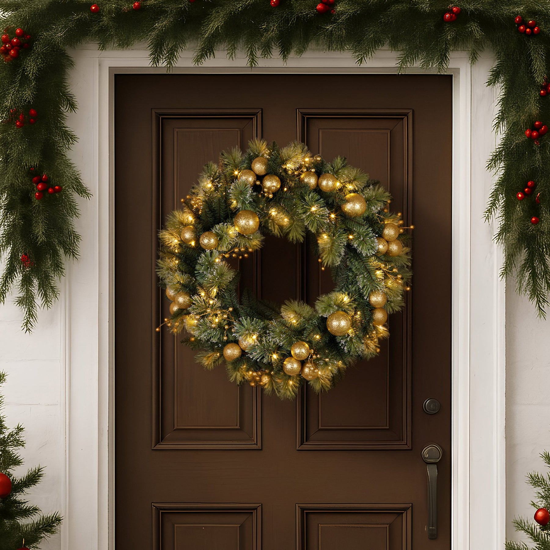 Christabelle 61cm Christmas Wreath Glittery Tipped with LED Lights and Golden Baubles Front Door Decoration Ornament - SuperSaverAU - view 5