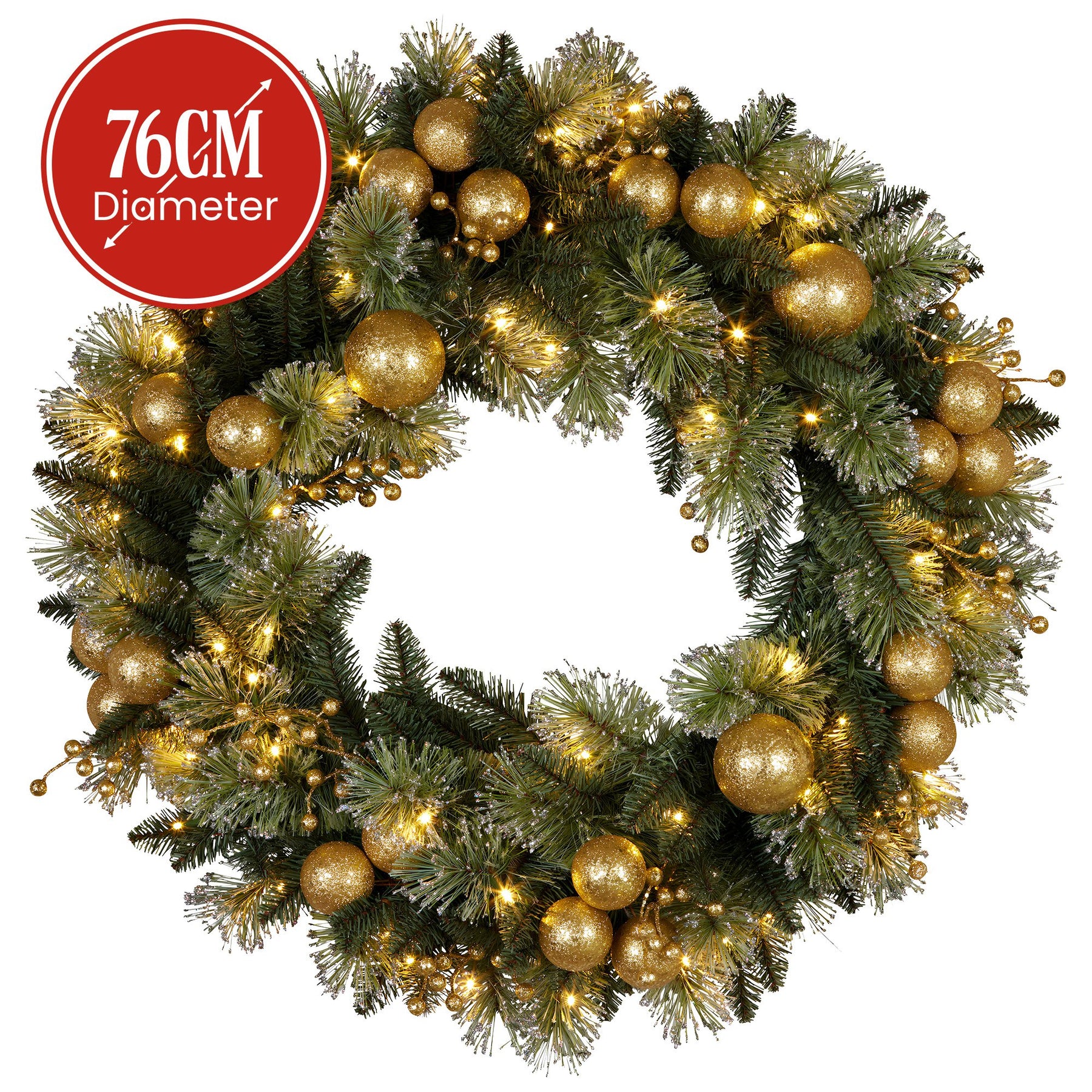 Christabelle 76cm Christmas Wreath Glittery Tipped with LED Lights and Golden Baubles Front Door Decoration Ornament - SuperSaverAU - view 1