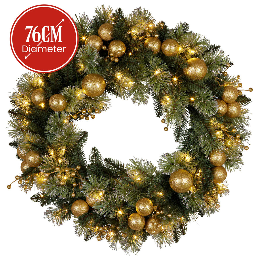 Christabelle 76cm Christmas Wreath Glittery Tipped with LED Lights and Golden Baubles Front Door Decoration Ornament - SuperSaverAU - view 1