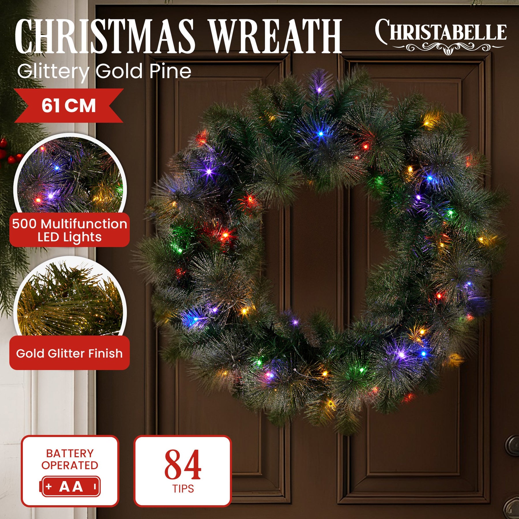 Christabelle 61cm Christmas Wreath with LED Lights Glittery Gold Pine re-Lit Front Door Decoration Ornament - SuperSaverAU - view 2
