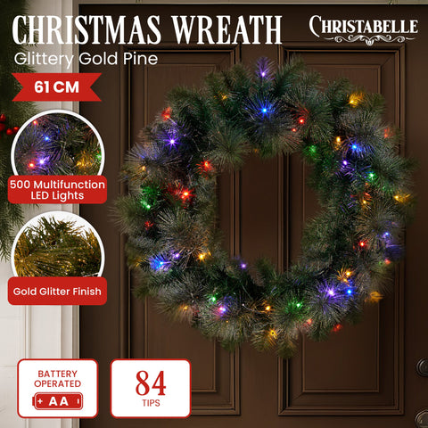 Christabelle 61cm Christmas Wreath with LED Lights Glittery Gold Pine re-Lit Front Door Decoration Ornament - SuperSaverAU - view 2